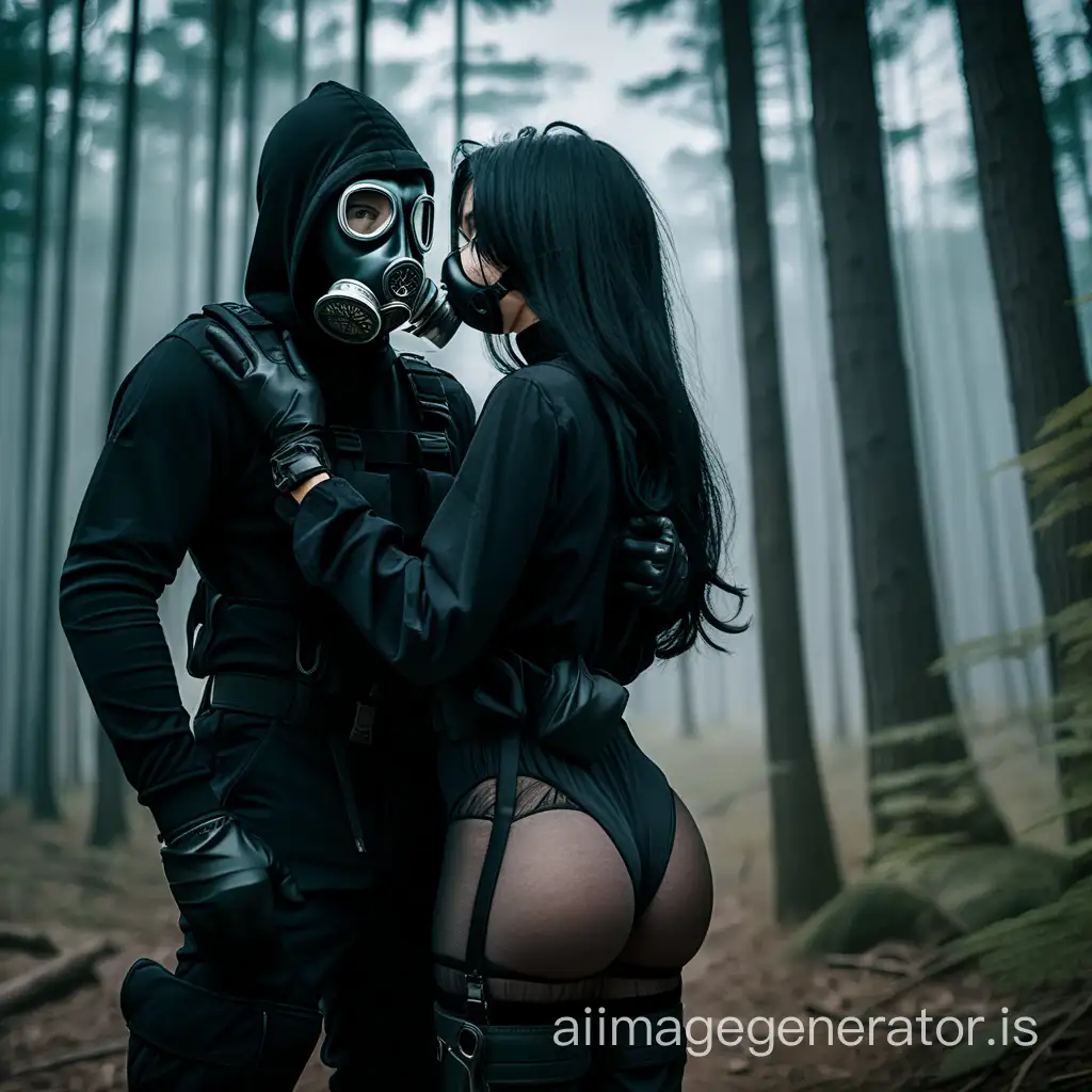 A man in black special clothing with black gloves in a gas mask with a black hood in black boots stands next to him and embraces a girl with black hair in black special clothing in the forest.