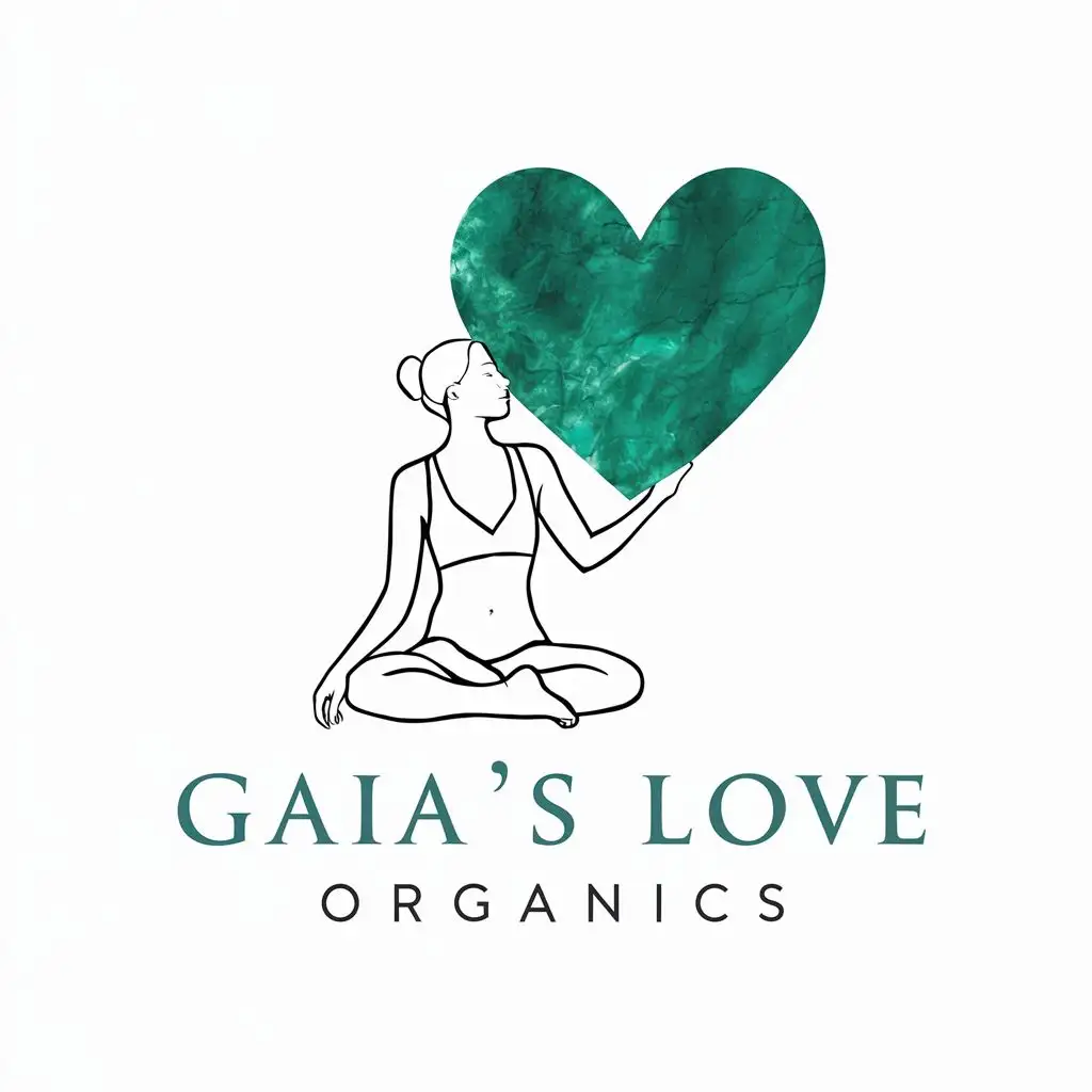 logo, outline of a woman sitting in a meditation position holding a giant emerald green love heart, with the text "Gaia's Love Organics", typography