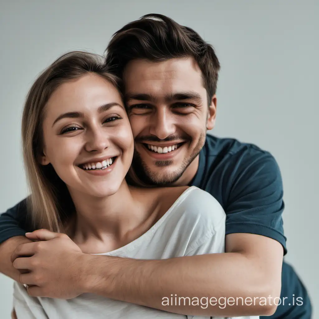 A man hugs his girlfriend from behind with Smile face and they looking towards the camera
