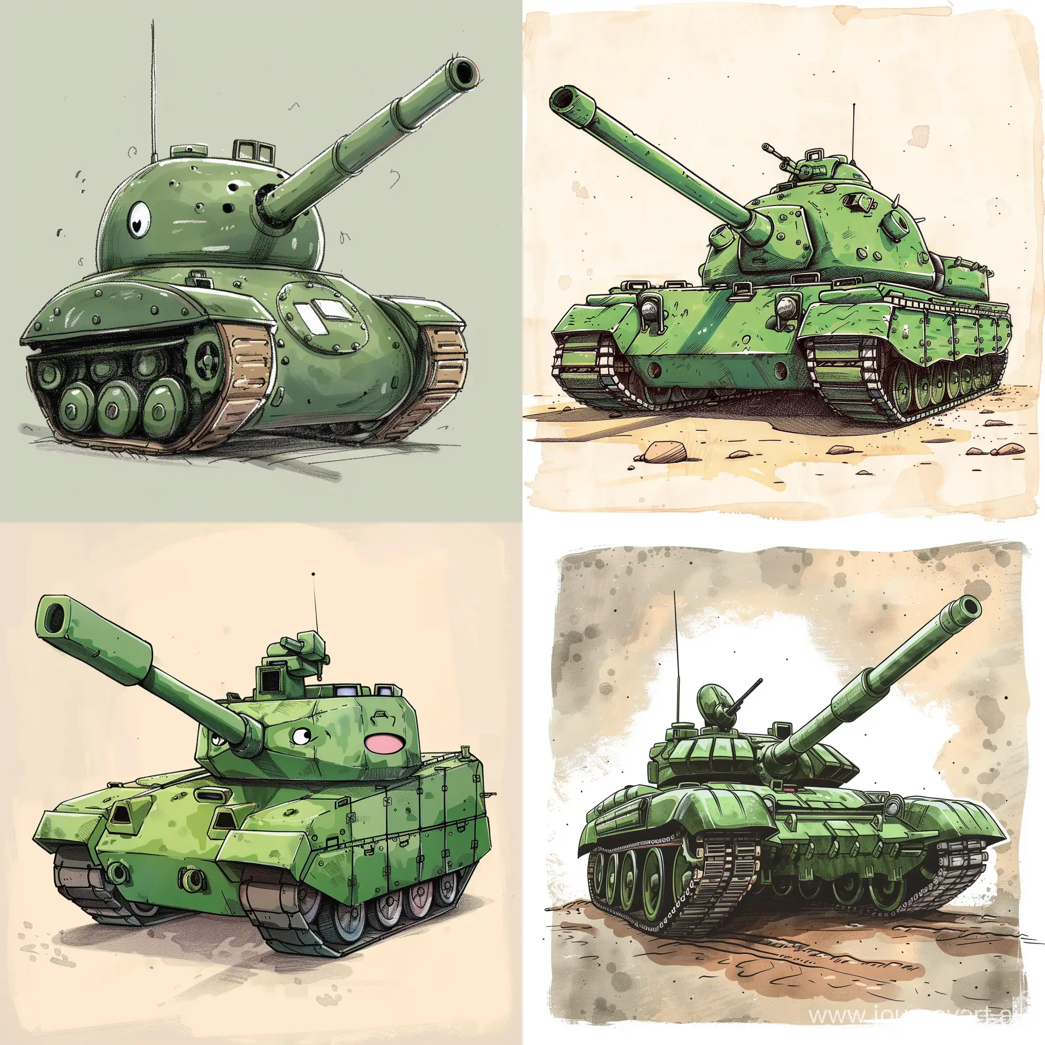 funny cute cartoon green tank armor, sketch style