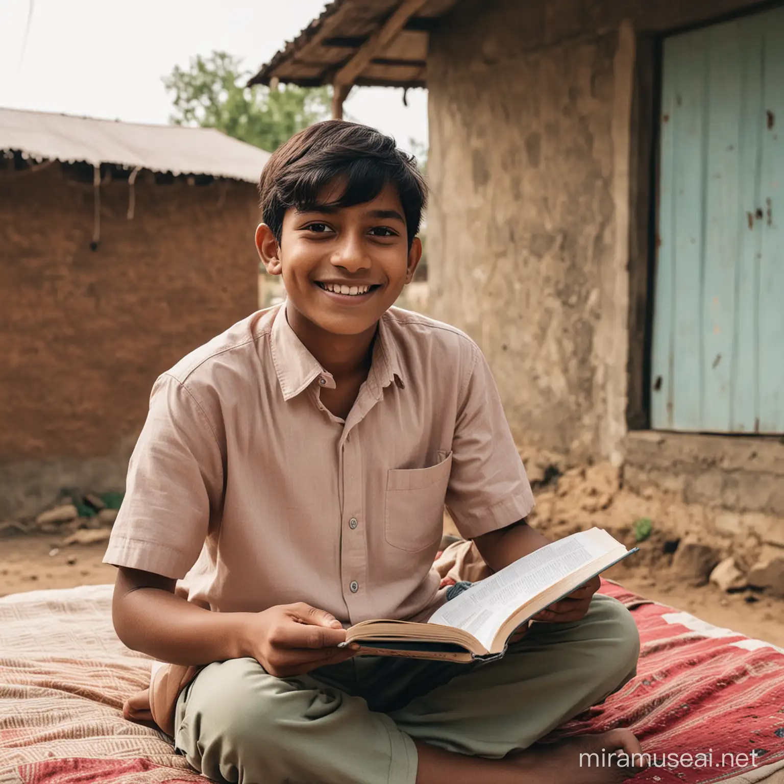 Indian Boy in rural area sitting on Bed outside of his house holding the book and smiling to camera