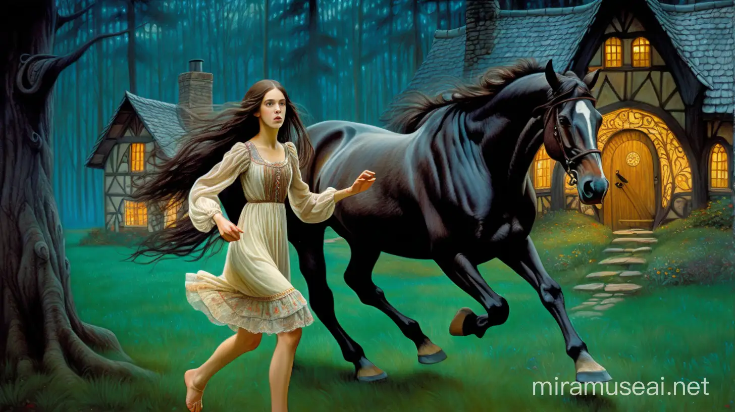 A large horse and a very young Caucasian  woman running through a dark enchanted forest with a cottage in the background corpse beautiful dress petite art  long hair surrealism horror scary art nouveau Klimt barefoot fairytale "Technicolor"  and simple romantic  "Cottage Core"




