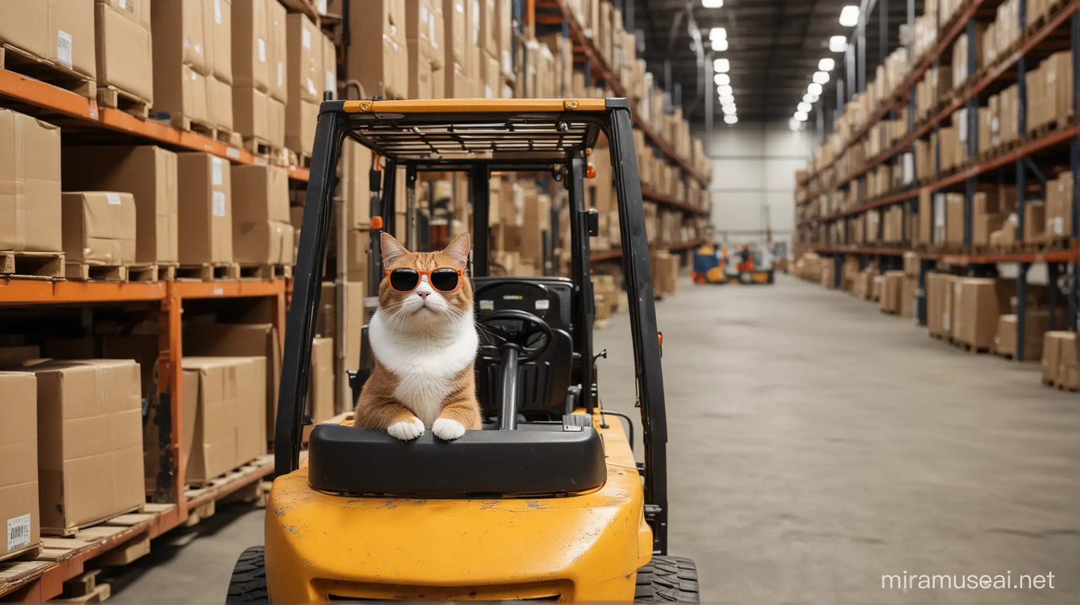 Cool Cat in Sunglasses Riding Forklift in Warehouse