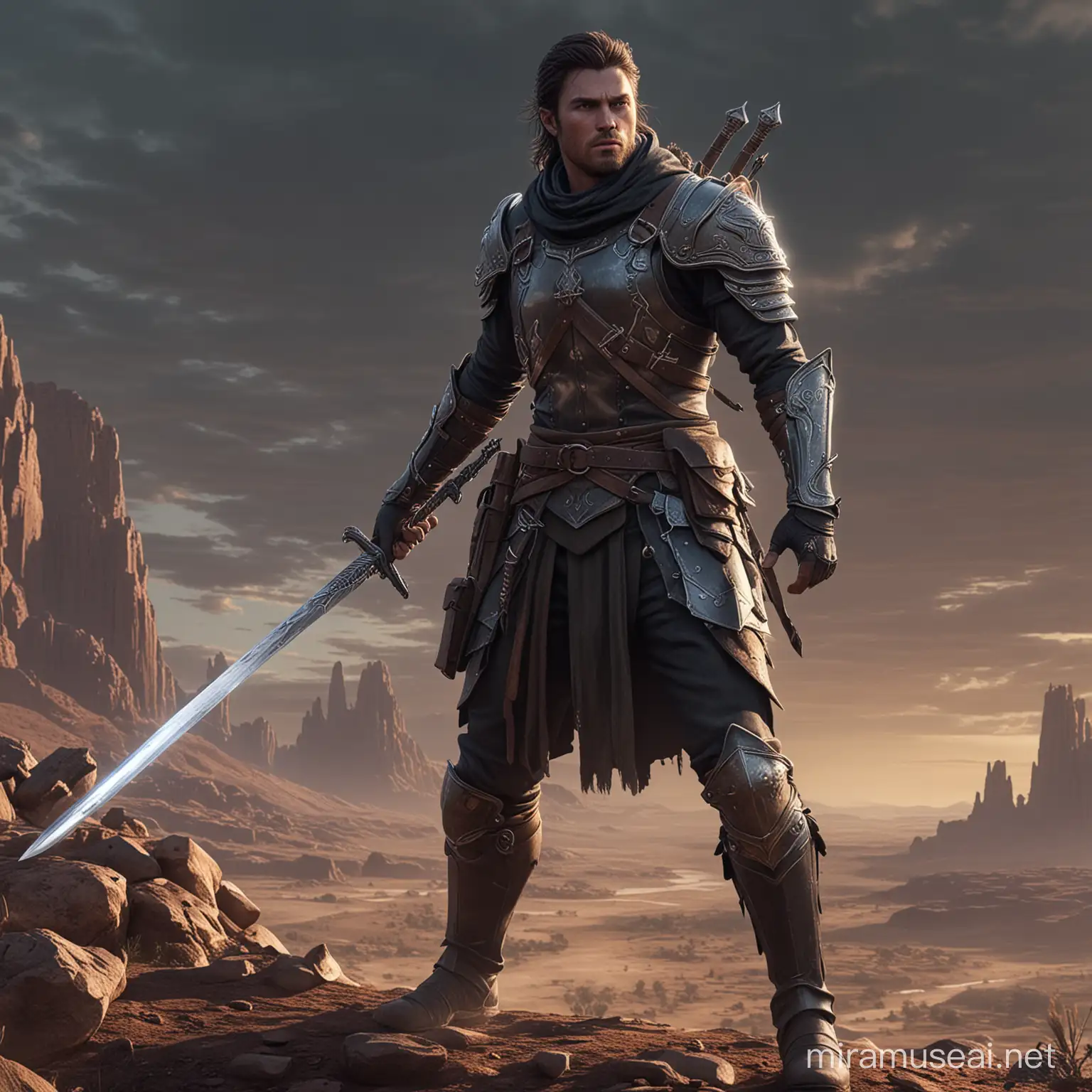 human ranger, wielding a longsword and a shortsword, Digital Art, Intricate, Hyperdetailed, Dramatic Lighting, Hyperrealism, Fantasy Art, Beautiful, Hyperdetailed, Detailed, Intricate, Photorealistic, dark fantasy, standing in the mana wastes from Golarion
