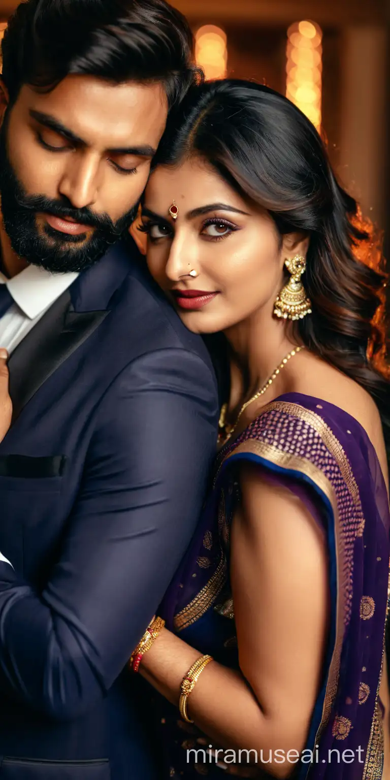 full photo os most beautiful european couple as most beautiful indian couple, most beautiful girl in saree, full makeup, holding man from back side, . hands around man neck from back of man, with emotional attachment and ecstasy, man with stylish beard and in formals and tie, photo realistic, 4k.