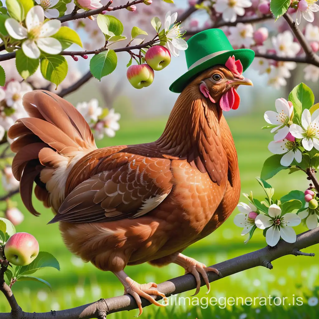 a brown hen with a green hat on a branch of a blossoming apple tree