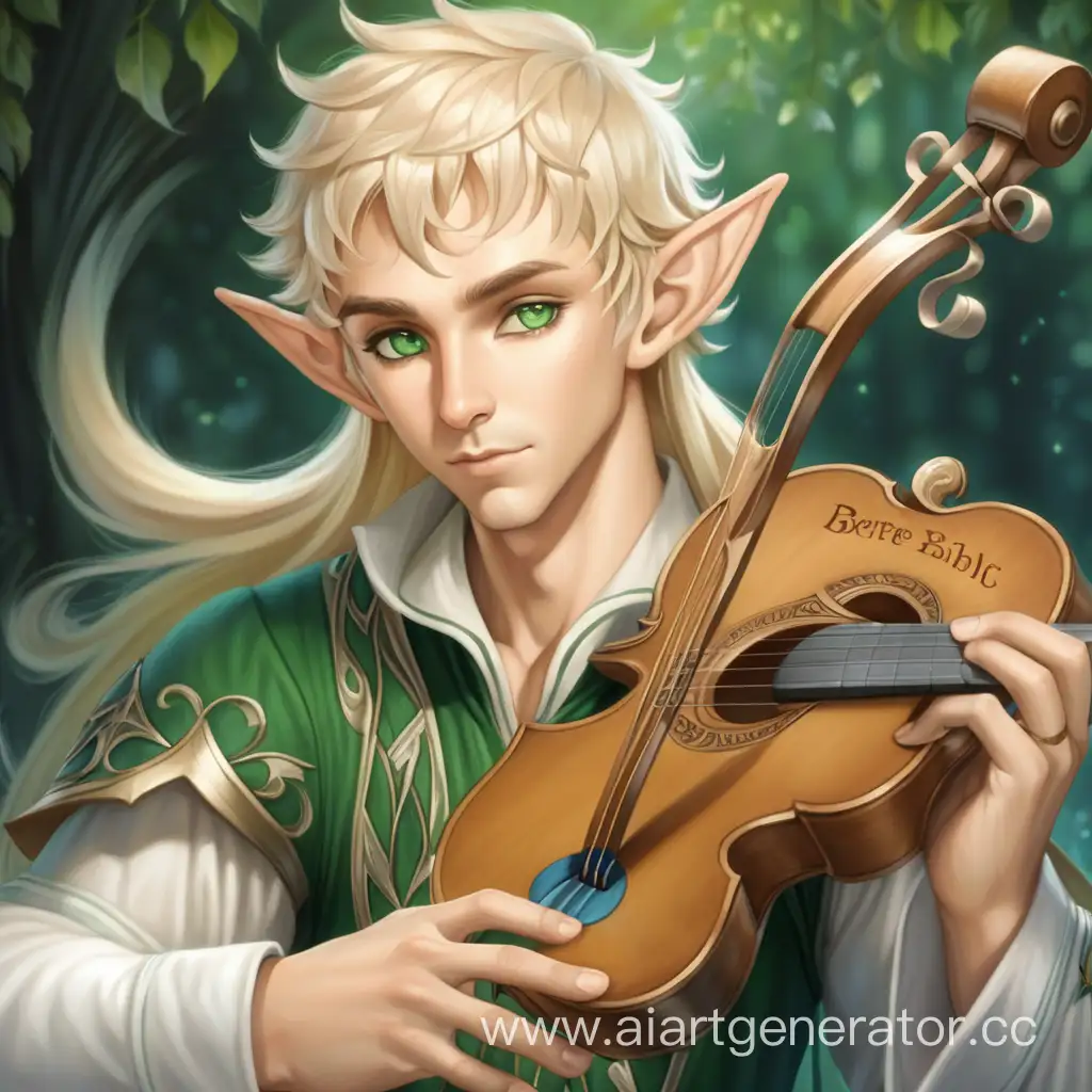 Enchanting-Elf-Bard-Playing-a-Melody-on-a-Lyre-with-Green-Eyes-and-Blonde-Hair