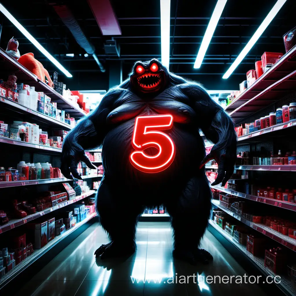 Человек сражается с огромным монстром с неоновой красной цифрой "5" на животе, в черном, темном и мрачном магазине, его окружают страшные полки с продуктами. Вокруг темно, НЕТ света. 