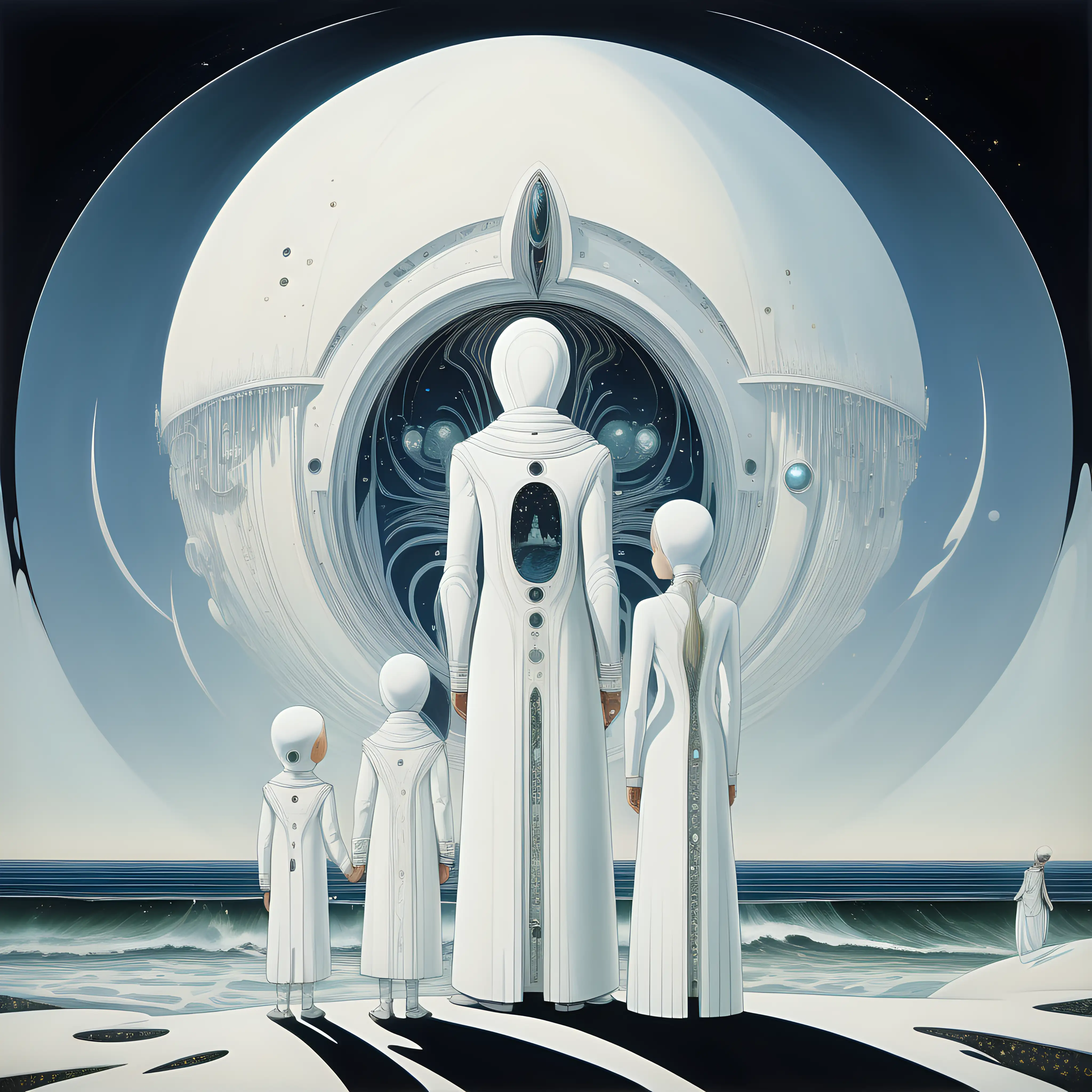 Futuristic Family Serenity Ethereal Seascape in Kay Nielsen Style