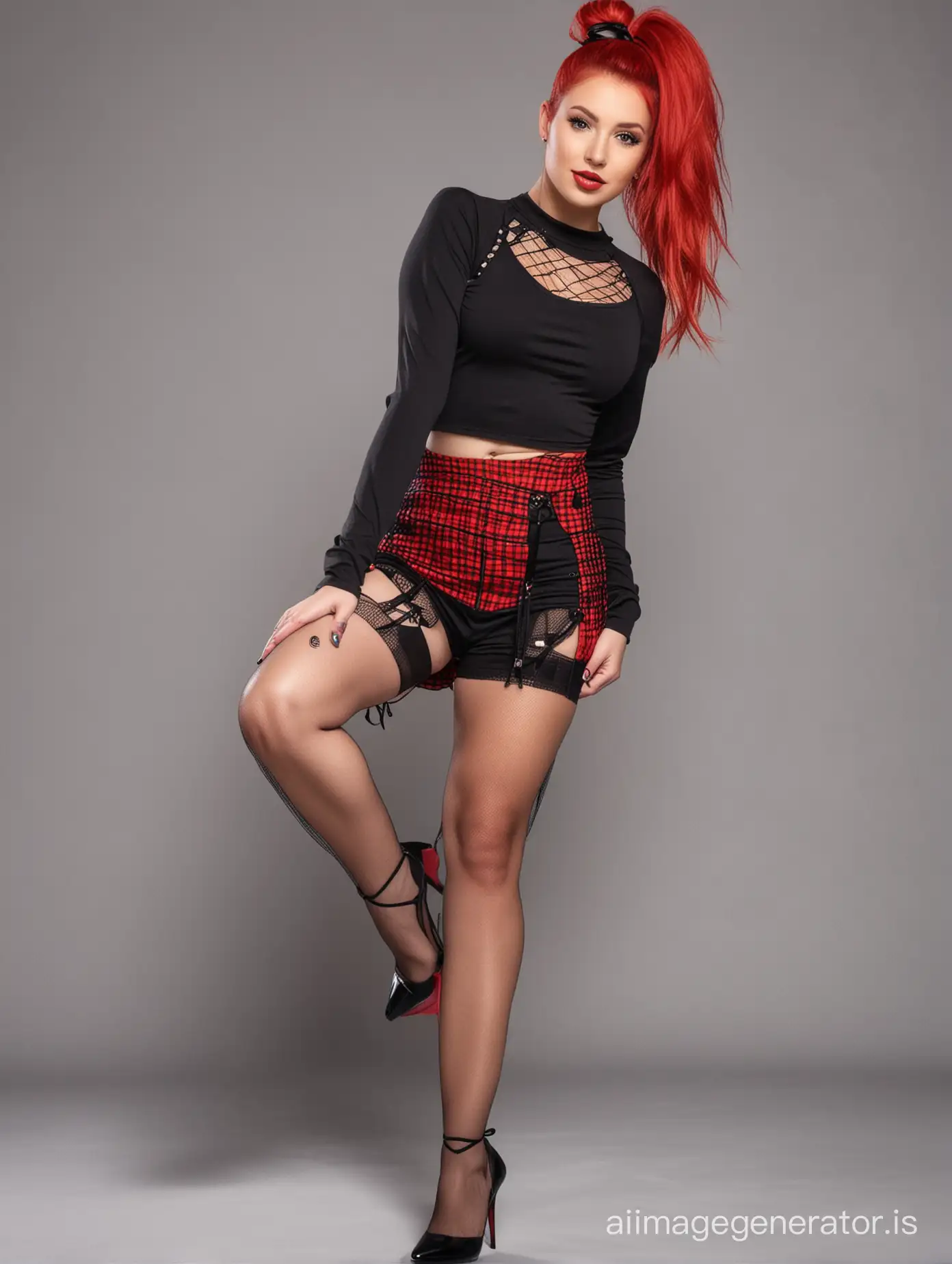 Beautiful woman 20 years with mini black short, with high heels with fishnet stockings, with short red haïr tied in ponytail