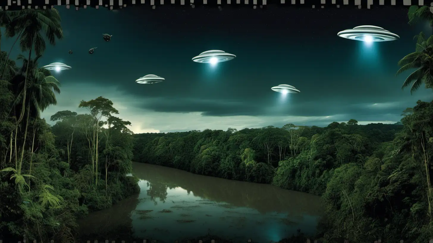 Panoramic image of a night scene in the amazon rainforest. 4 FLIYING SAUCERS coming down from the right side of the image 