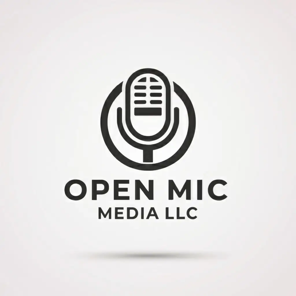 a logo design,with the text "OPEN MIC MEDIA LLC", main symbol:microphone  with headphone,Minimalistic,clear background