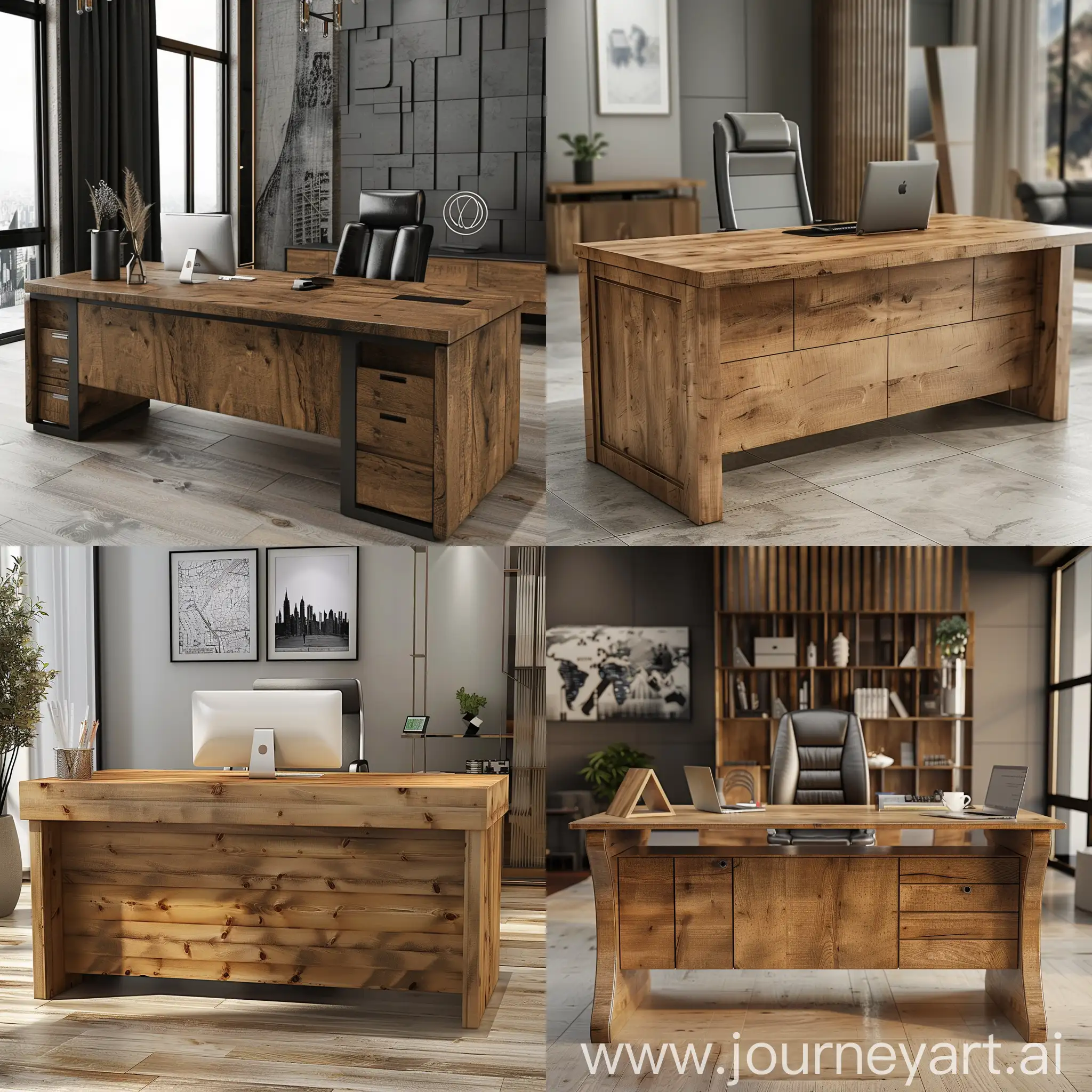 A simple wooden administrative desk in paramilitary style with a modern background 
