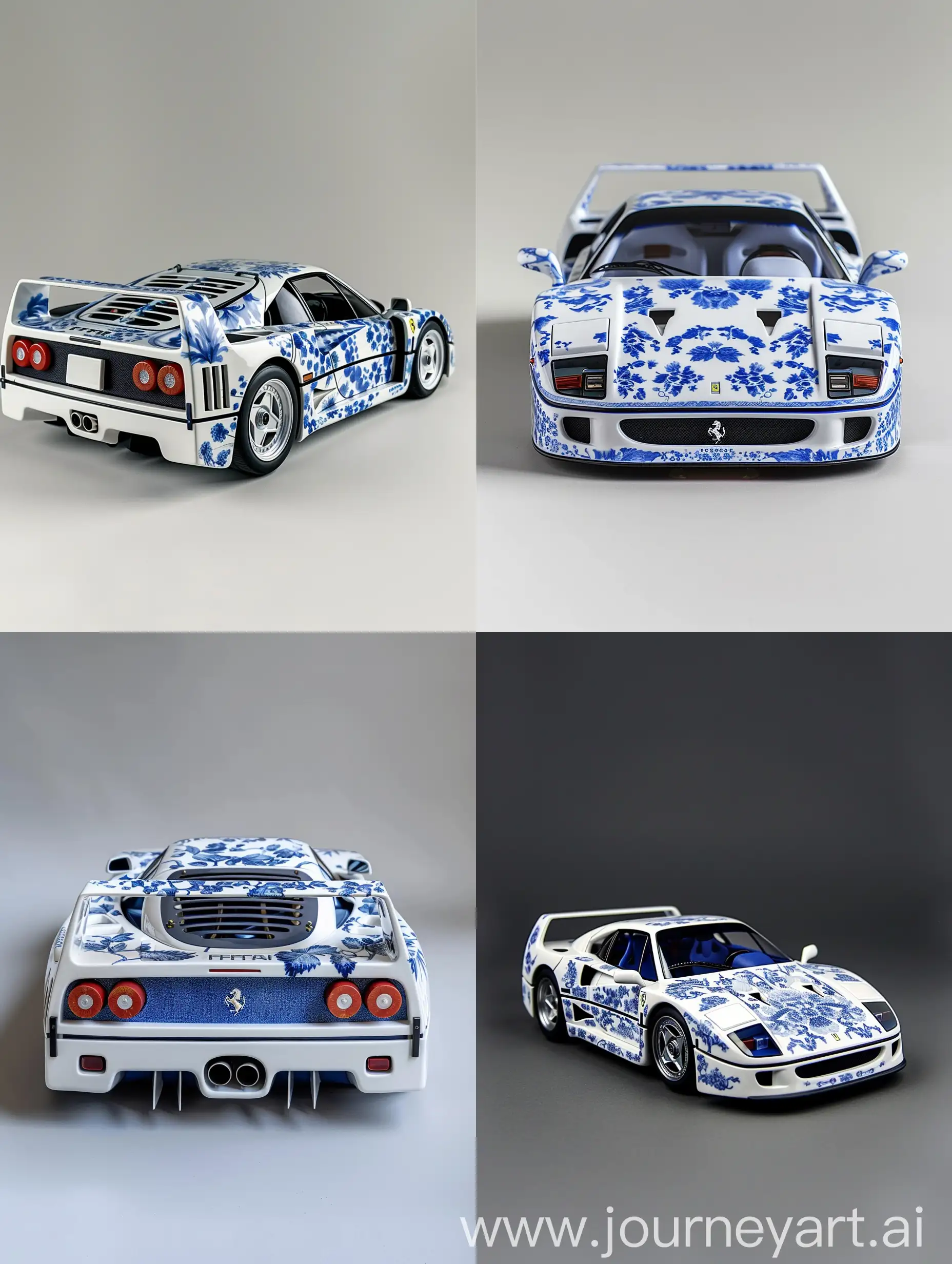 A porcelain Porcelain Ferrari f40, real size sculpture, Imari ware style, featuring delicate blue and white, hyper realistic, 3d