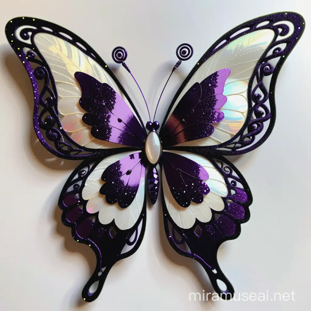 Intricate Glittering Butterfly Wings in Deep Dark Purple and Mother of Pearl White