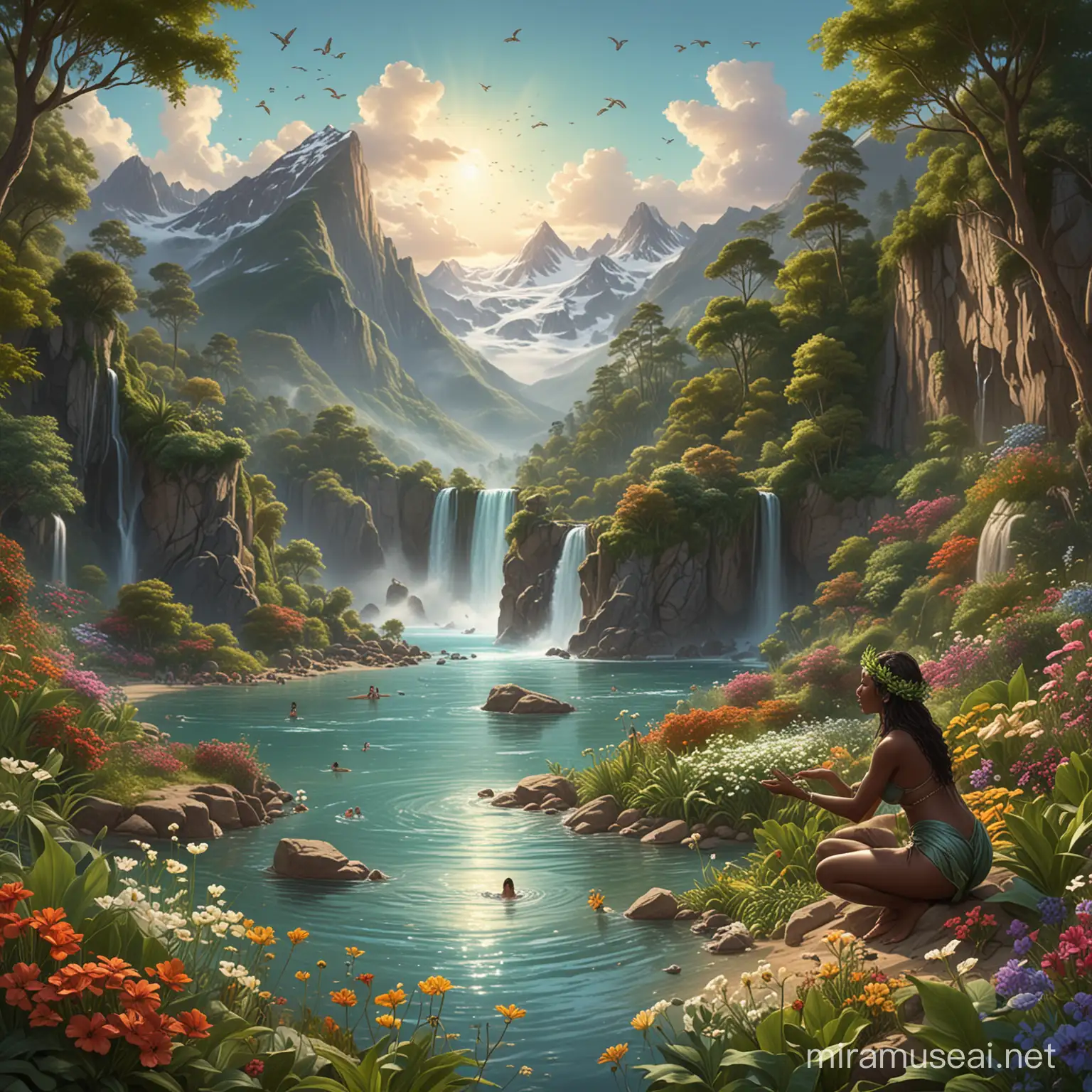 
A digital painting depicting Mother Nature as a large, serene woman with dark skin and green eyes, adorned with a crown of vibrant flowers and foliage. She is gently holding a luminous, realistic Earth in her hands, with waterfalls flowing from her palms into a pristine lake below. Around the lake, a diverse group of people are engaged in eco-friendly activities: some are planting trees, others are cleaning up the beach, and a few are surfing on waves. The background features majestic mountains, rich greenery, and wildlife with a tranquil sky above. The entire scene embodies a harmonious balance between humans and nature, highlighting environmental conservation and unity. The art style is detailed and realistic, with a touch of surrealism in the representation of Mother Nature, 3k render, hyperrealistic, detailled.