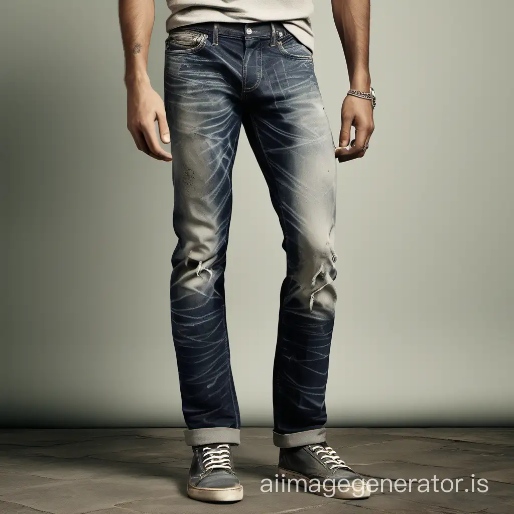 Create an image of a man wearing subtle fading and a worn-in look of stone wash jeans, embodying contemporary style and authentic vintage vibes, with contrast stitching and metal accessories.