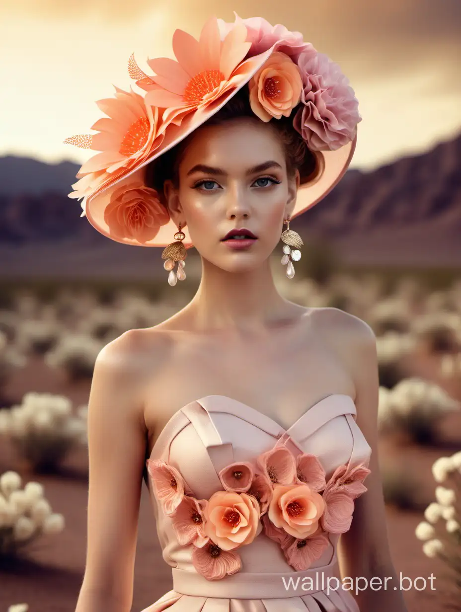 High-Fashion-Desert-Portrait-Young-Model-in-Peach-Hue-Dress-with-RealLife-Flower-Accents