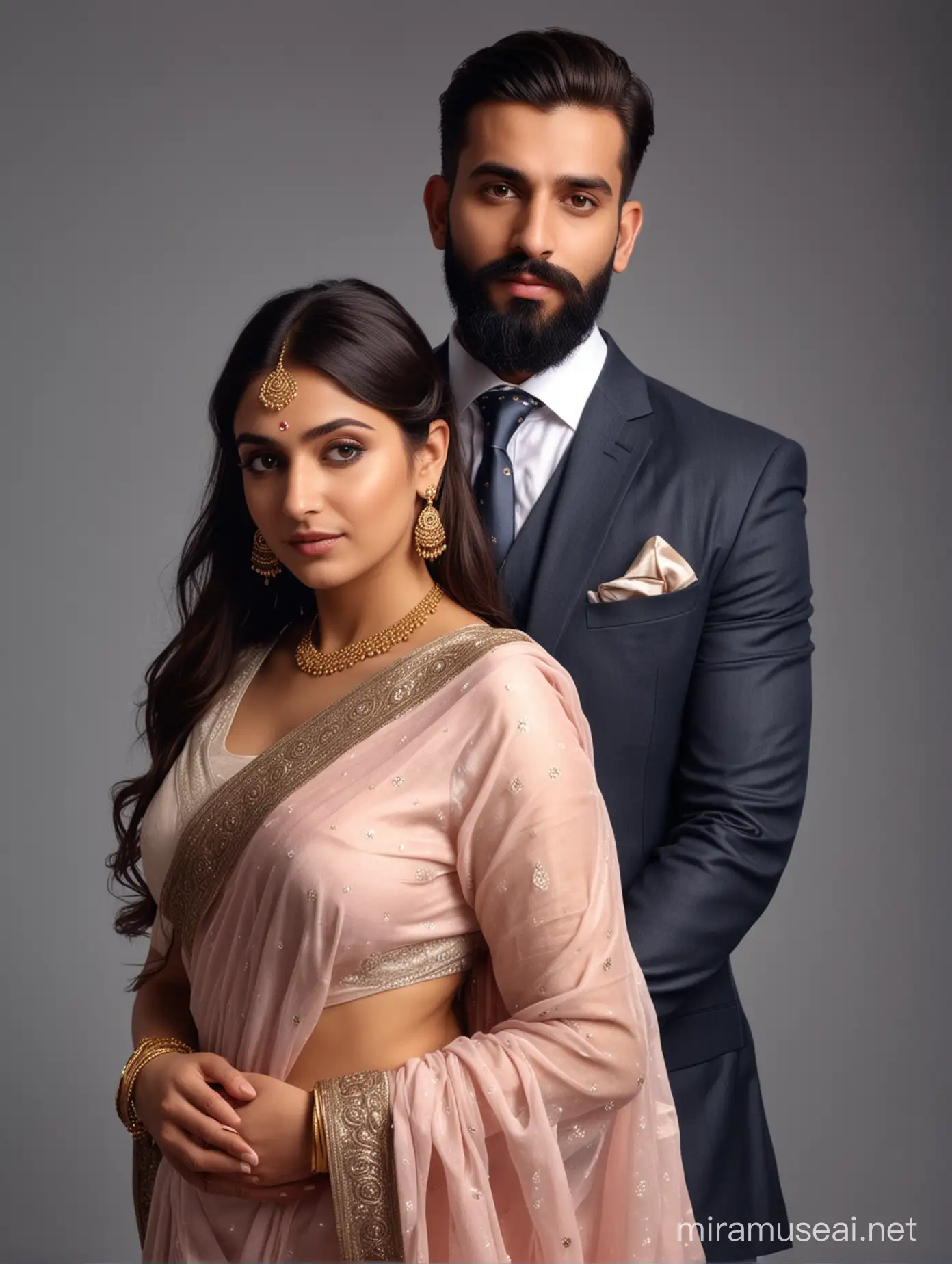 full portrait photo of most beautiful european couple as most beautiful indian couple, most beautiful girl in saree, full makeup, holding man from back side, . hands around man neck from back of man, with emotional attachment ,  man with stylish beard and in formals and tie, photo realistic, 4k.