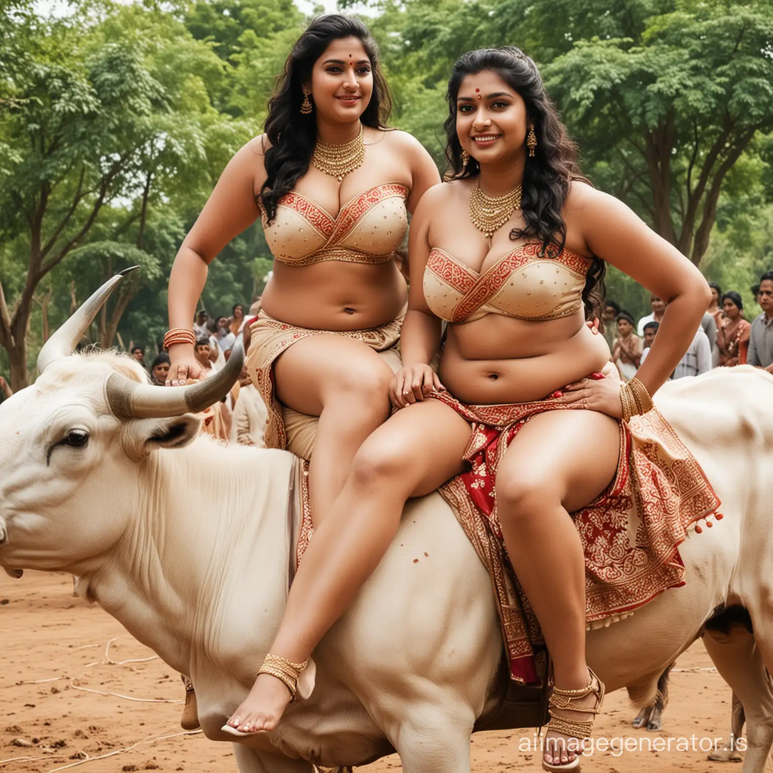 Fully nude beautiful plus size Indian brides riding bulls