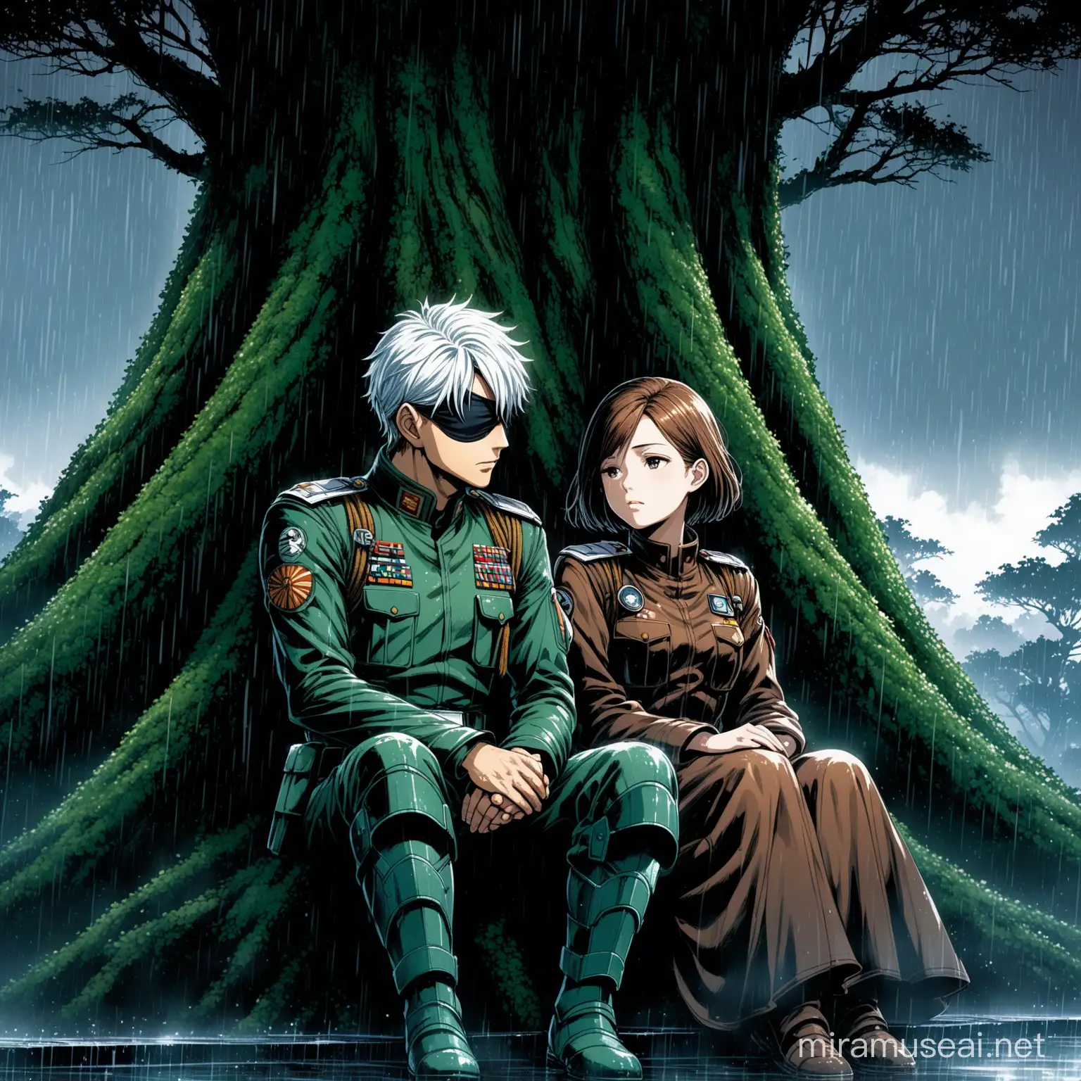 a couple male with an eye patch and white hair and woman with short brown hair holding hands sitting to the tree while sleeping together, rain, dark clouds, faded colours, futuristic soldier uniforms, sad, dramatic, detailed painting by Hirohiko Araki, featured on pixiv, analytical art, detailed painting, 2d game art, official art, rule of thirds, extreme detail, detailed drawing, trending artstation, hd, sharp focus, backlit, symmetrical features, film grain