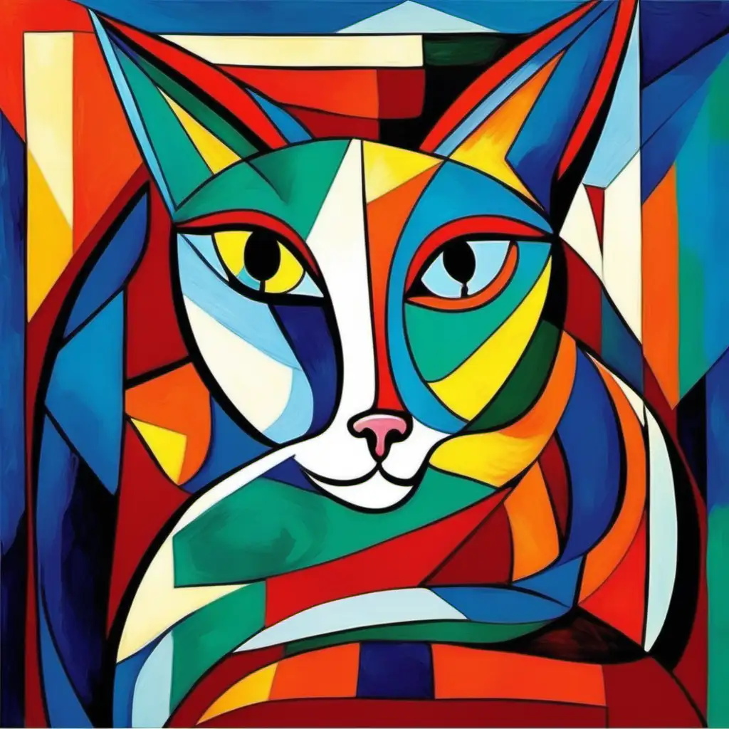 illustration of a cat, pablo picasso style, cubism, modernism, bright colors
