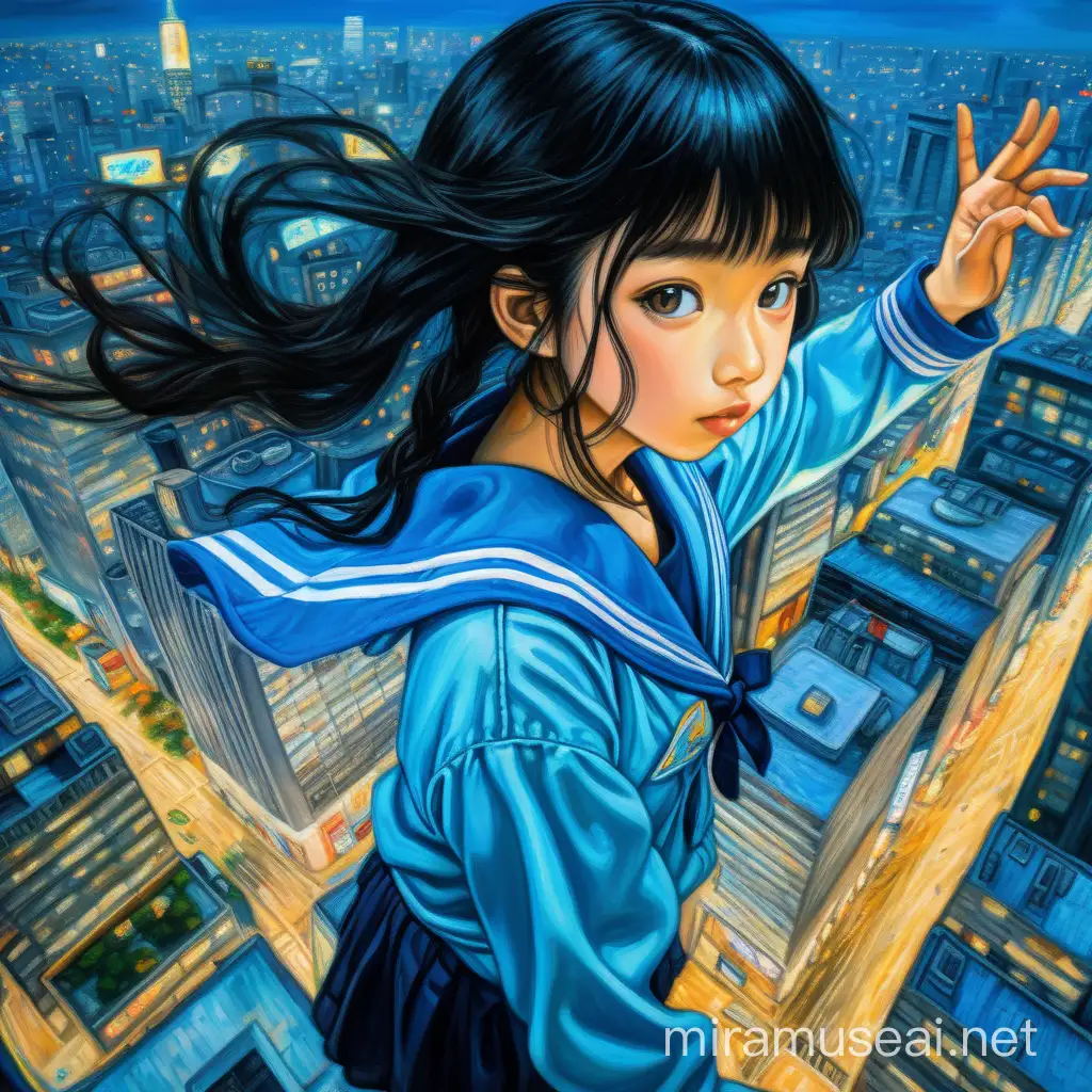 View from above, one cute Asian teenager, black hair, her hair is moving because of winds, wearing a light blue sailor costume, doing military salute, standing on the top of skyscraper, the expression is fierce, the atmosphere is dreamy and bold, pov, the background is Tokyo nightlife. Painting. Vincent Van Gogh art style, Landscape. Best quality.
