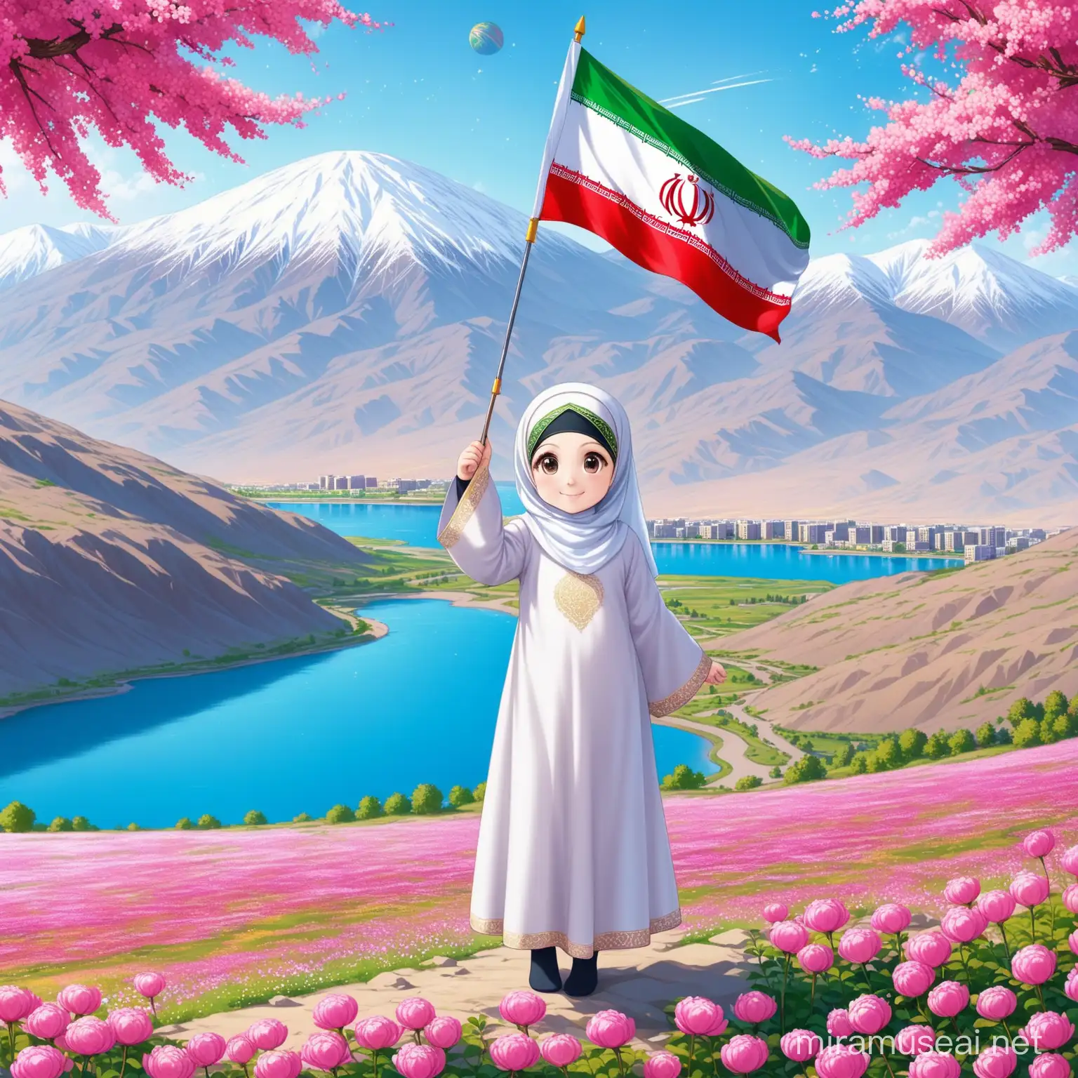 Persian little girl(full height, Muslim, with emphasis no hair out of veil(Hijab), small eyes, bigger nose, white skin, cute, smiling, wearing socks, nice flag of Iran in hand with pride, clothes full of Persian designs).
Atmosphere Damavand mountain, Iranian satellite and full of many pink flowers, lake, sparing.