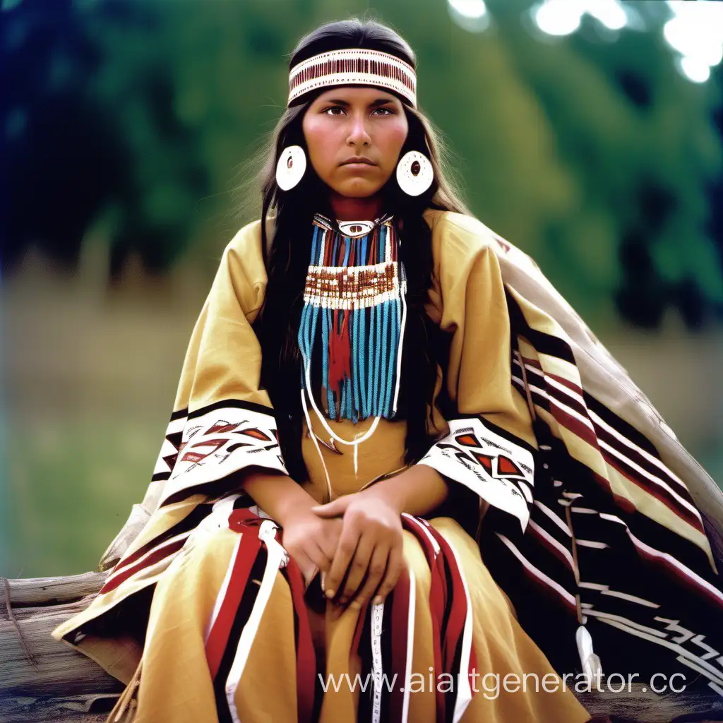 beautiful american  indian maiden dressed in traditional clothing, in indian village, color photo