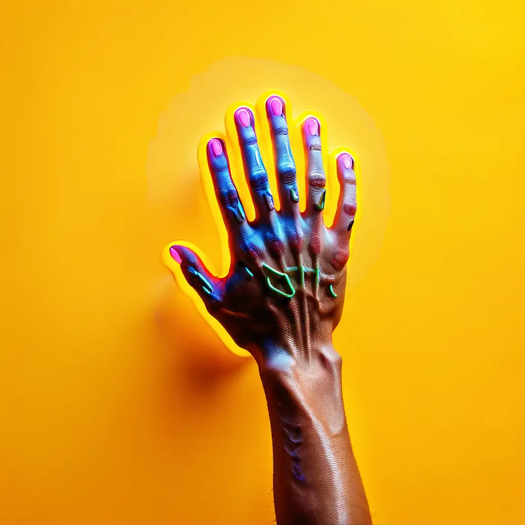Vibrant Neon Hand Against Bright Yellow Background