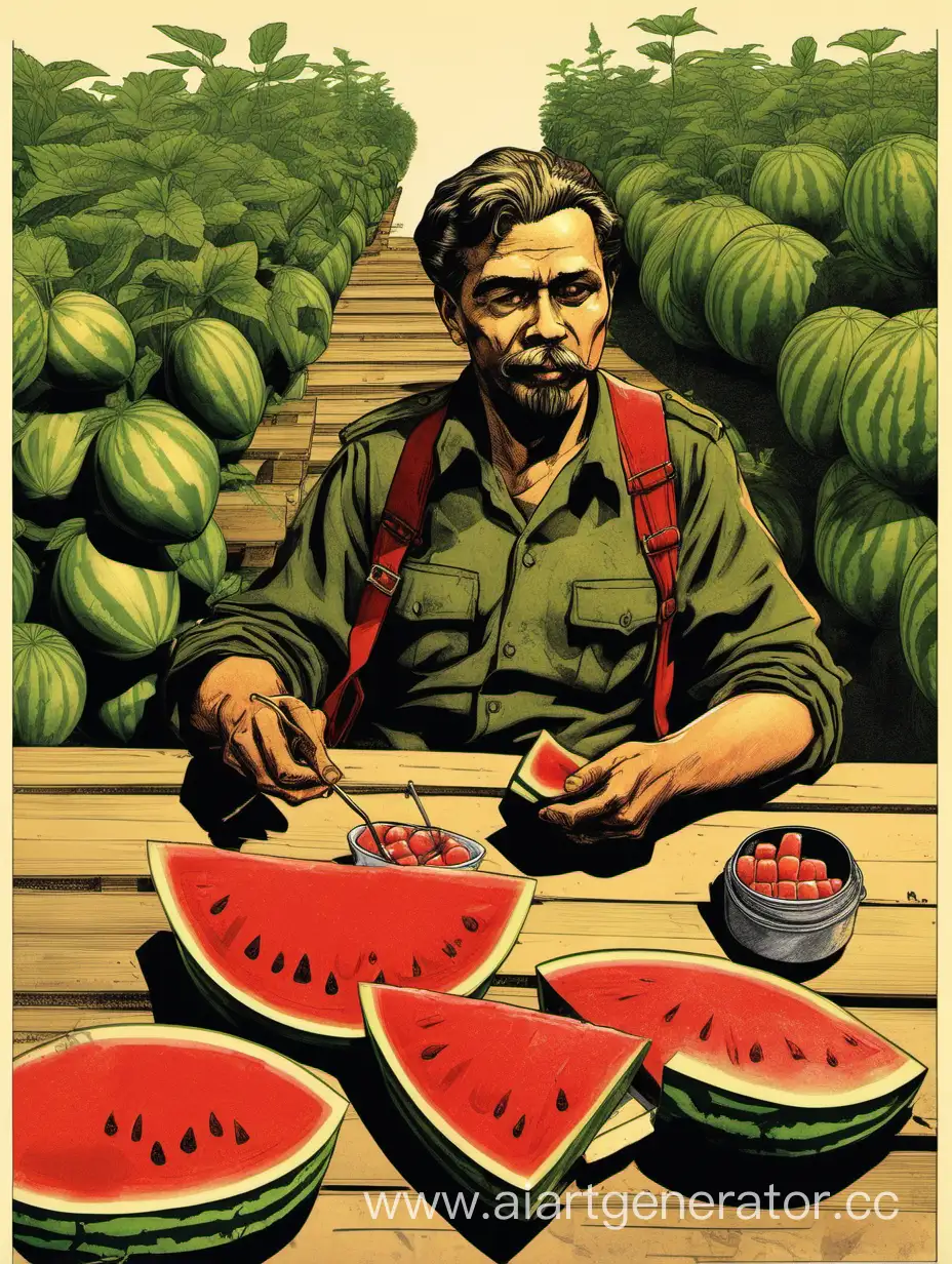 Comrade-Dyin-Enjoying-Watermelon-at-Table-with-Barrel-Plants-and-Posters