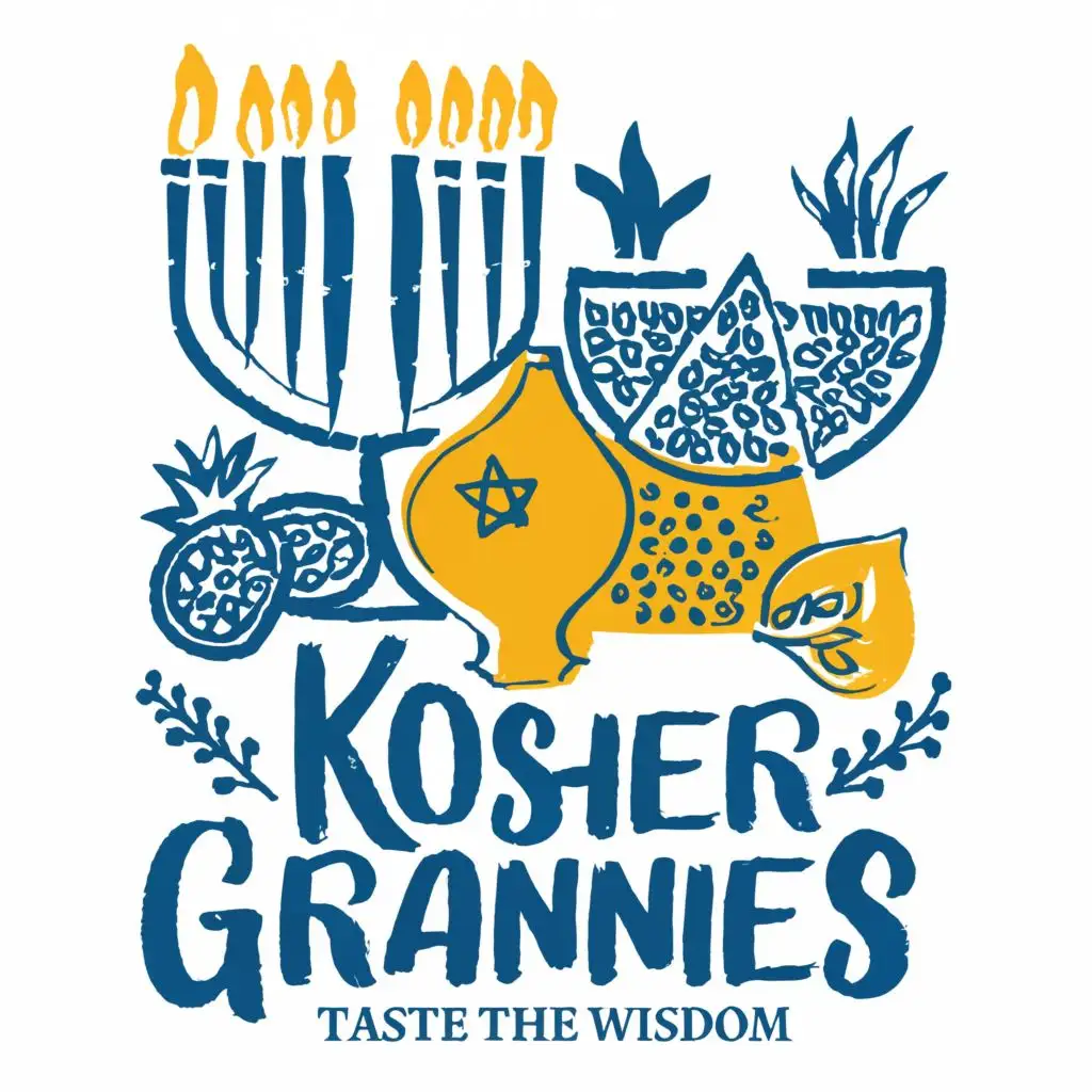 logo, Israel, yellow, blue, white, green, Menorah, Paul Klee, pomegranate, star of David, on tablecloth, with the text "Kosher Grannies", slogan "Taste the wisdom", typography, be used in the automotive industry