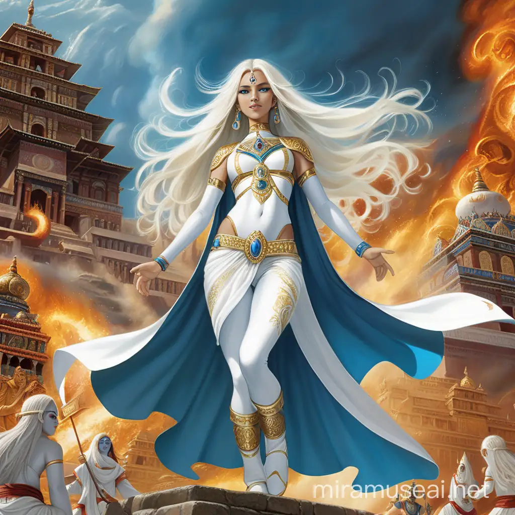 Empress Goddess in Fiery Combat Amidst Dark Hindu Palace