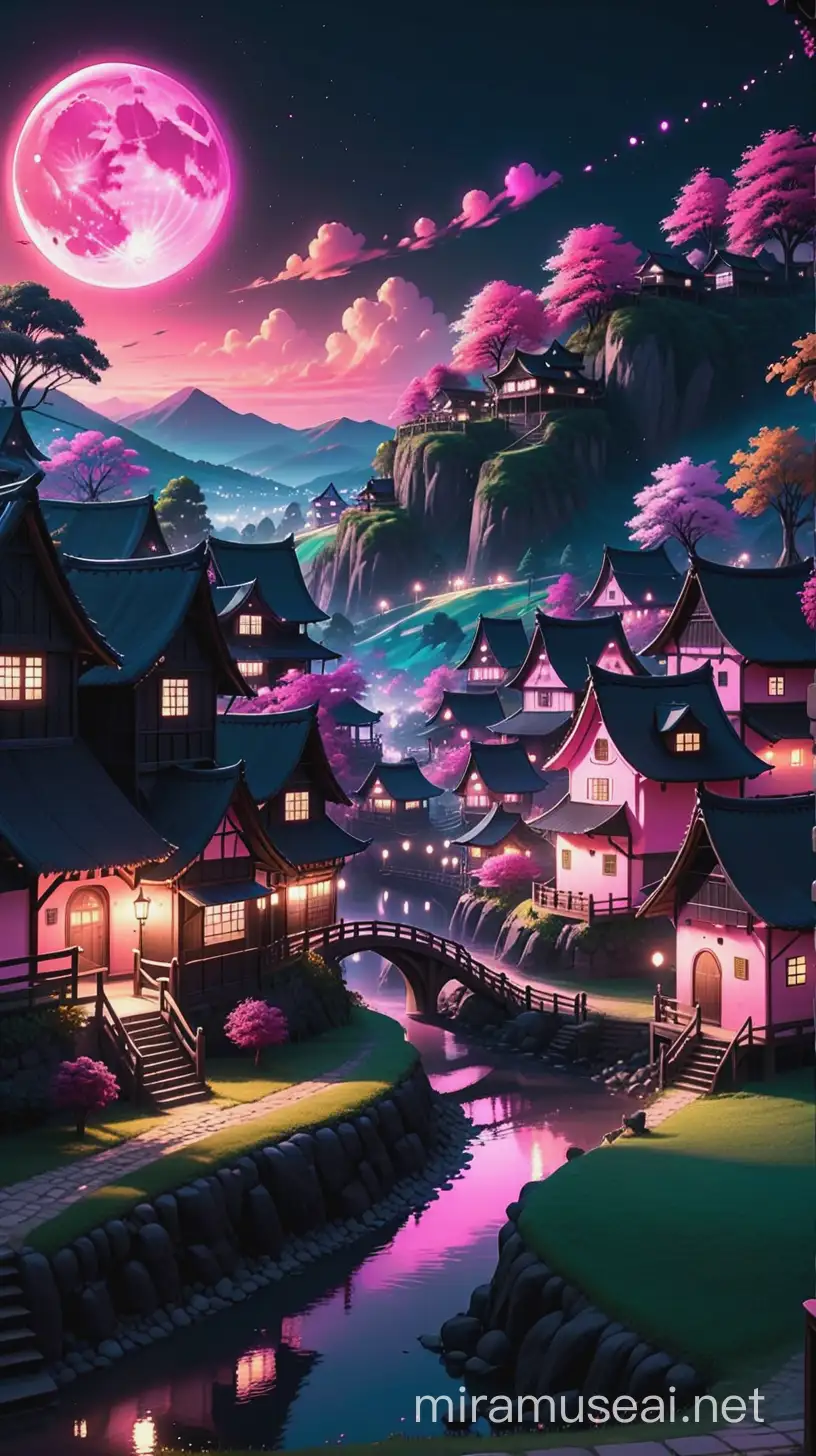 black pink  anime  magical glowing village  with  in midnight 
