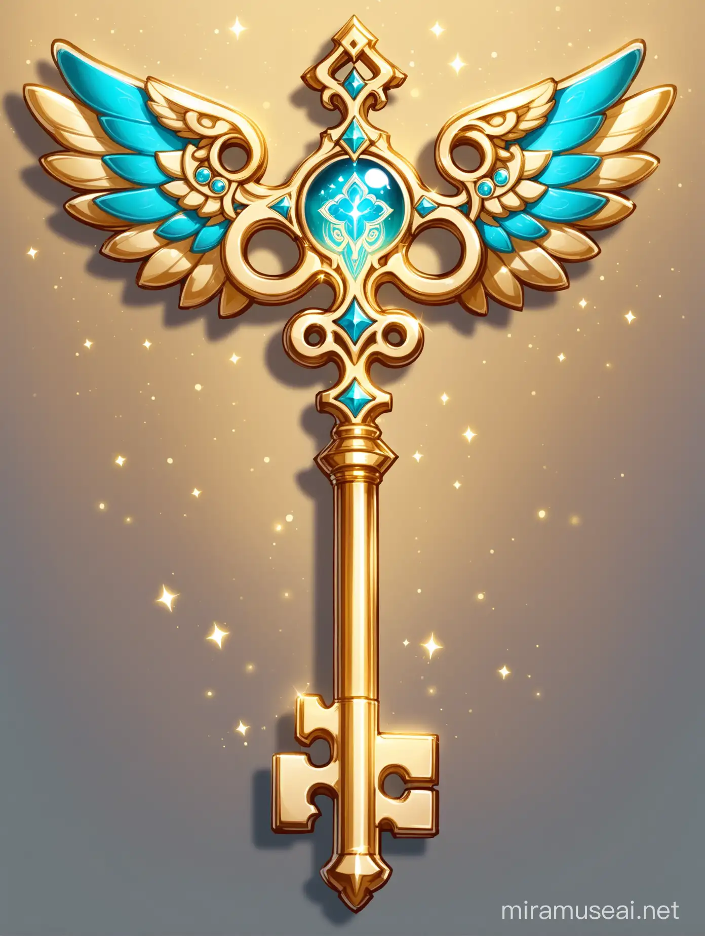 Make a golden key that has turqoise embedded designs within it. This key should look the like anemo gnosis from genshin impact. There is an angel wing attached to the side. This key radiates turqoise magic.