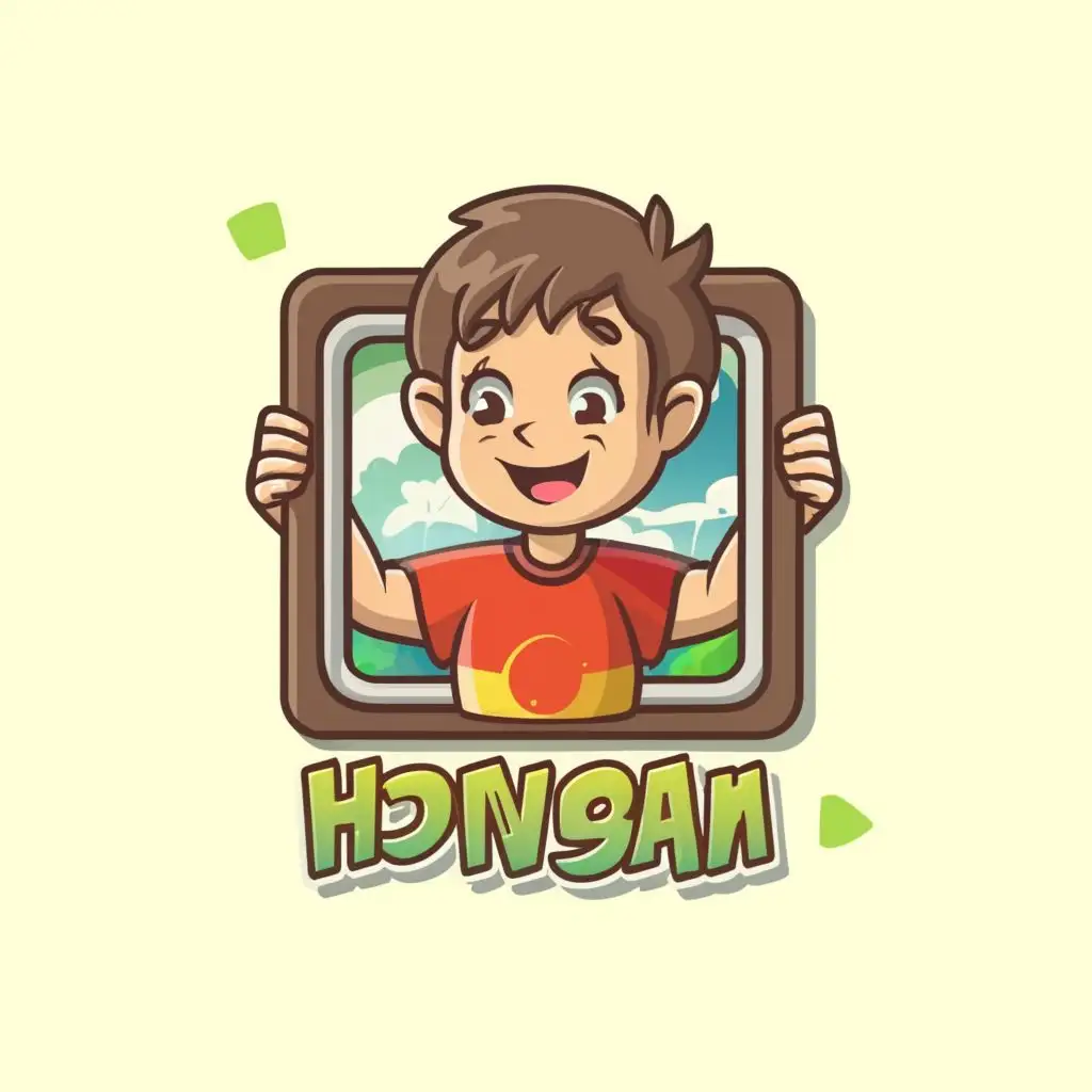 logo, A smiling child holding an Instagram style photo frame, funny cartoon 3D style, green and cream colors, play button