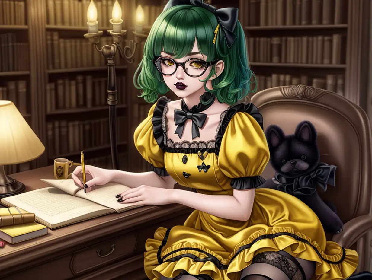 Anime woman with dark green hair and large lips with dark lipstick and dark heavy makeup. Wearing glasses.  wearing a frilly yellow satin dress with lots of bows and lace. Wearing black stockings. Wearing glossy yellow mary jane heels. Very shiny. sitting in a study. Dorky expression.