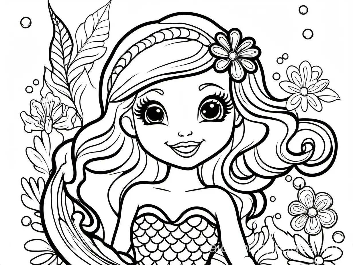 stylish Cute Mermaid Coloring Page for Kids with flower, Coloring Page, black and white, line art, white background, Simplicity, Ample White Space. The background of the coloring page is plain white to make it easy for young children to color within the lines. The outlines of all the subjects are easy to distinguish, making it simple for kids to color without too much difficulty