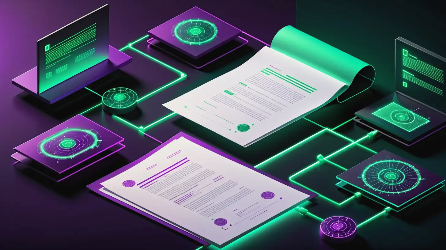 futuristic blockchain illustration of legal contracts papers, green and purple colors