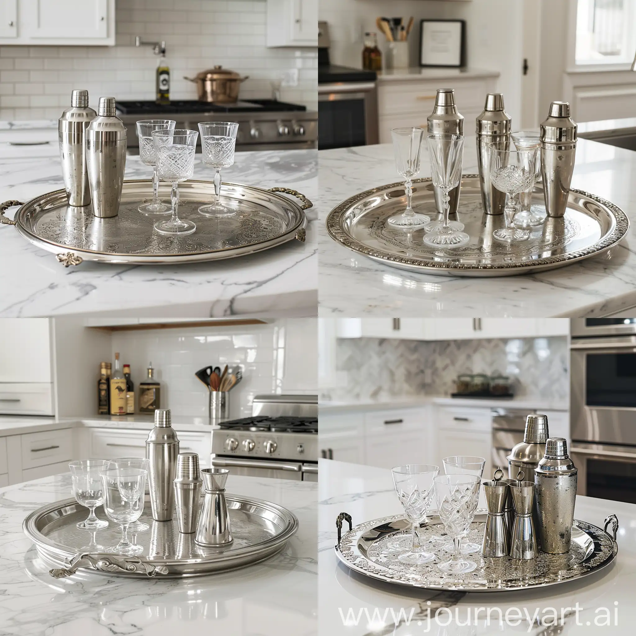 silver tray with glasses, cocktail shakers in a white marble kitchen