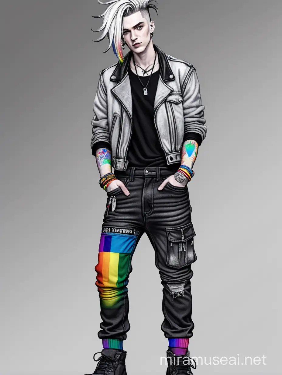 grungy 20s-30s white male, black undercut with multicolor dyed streaks, denim grey techwear harem pants, black leather jacket, black leather work boots sneakers, rainbow socks barely visible, scattered rainbow gay pride flag patches accessories, several fashion iterations, graphic novel character concept reference sheet