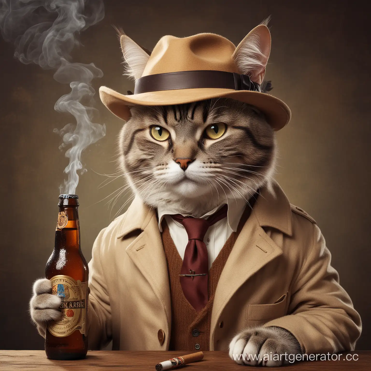 Sleuth-Feline-Enjoying-a-Cigar-and-Beer