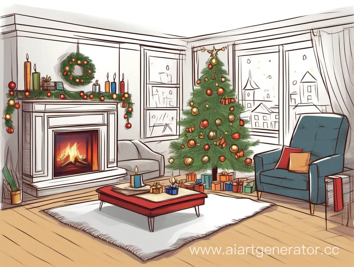 нарисуй уютную домашнюю гостиную с диваном камином и новогодней ёлкой посередине много места в комнате