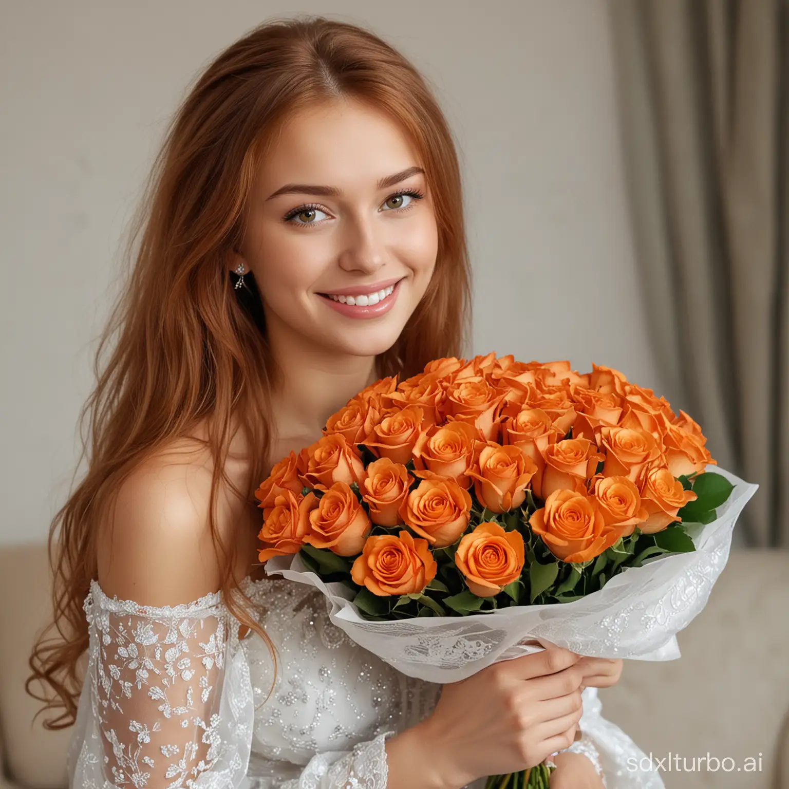 Young Russian girl, perfect face, shy and dignified, very shy, very arousing!!!! The cutest, the cutest face, the most beautiful eyes, super friendly smile, eyes very meticulous, eyes looking at the camera, very meticulous eyes, realistic в вечернем платье, с рыжими длинными волосами держит большой букет из 101 оранжевой розы, стоит в гостиной комнате