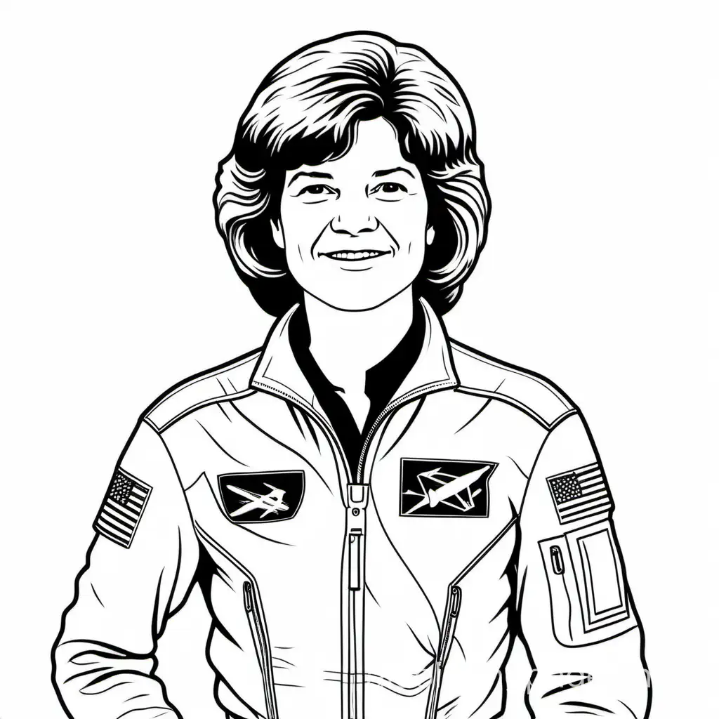 Sally Ride , Coloring Page, black and white, line art, white background, Simplicity, Ample White Space. The background of the coloring page is plain white to make it easy for young children to color within the lines. The outlines of all the subjects are easy to distinguish, making it simple for kids to color without too much difficulty