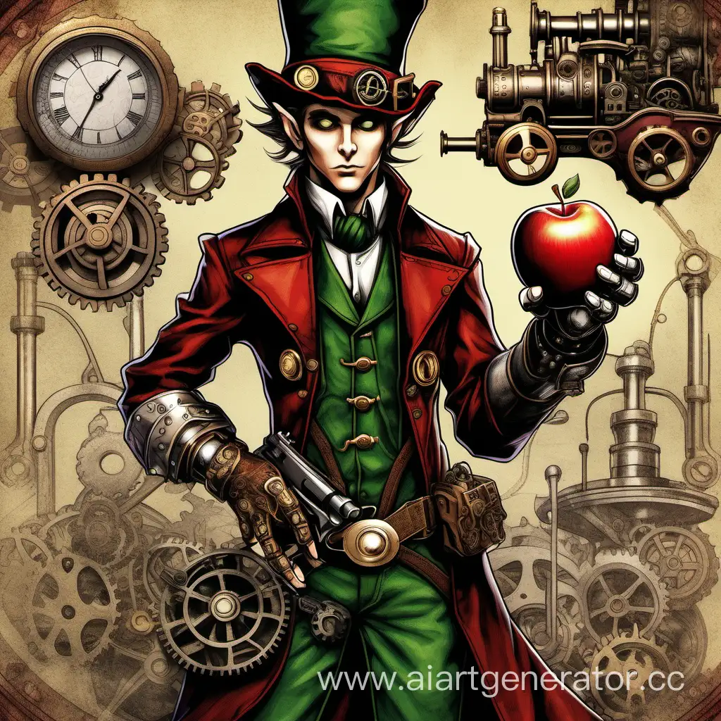 An elf in steampunk style holds a red apple in one hand, a revolver pulls the trigger in the other hand, clothes and background with steampunk elements : gears, steam engines, gears, detailed drawing of hands, emphasis on what the elf is holding, focus on the hand with an apple and the hand with a revolver, the middle plan