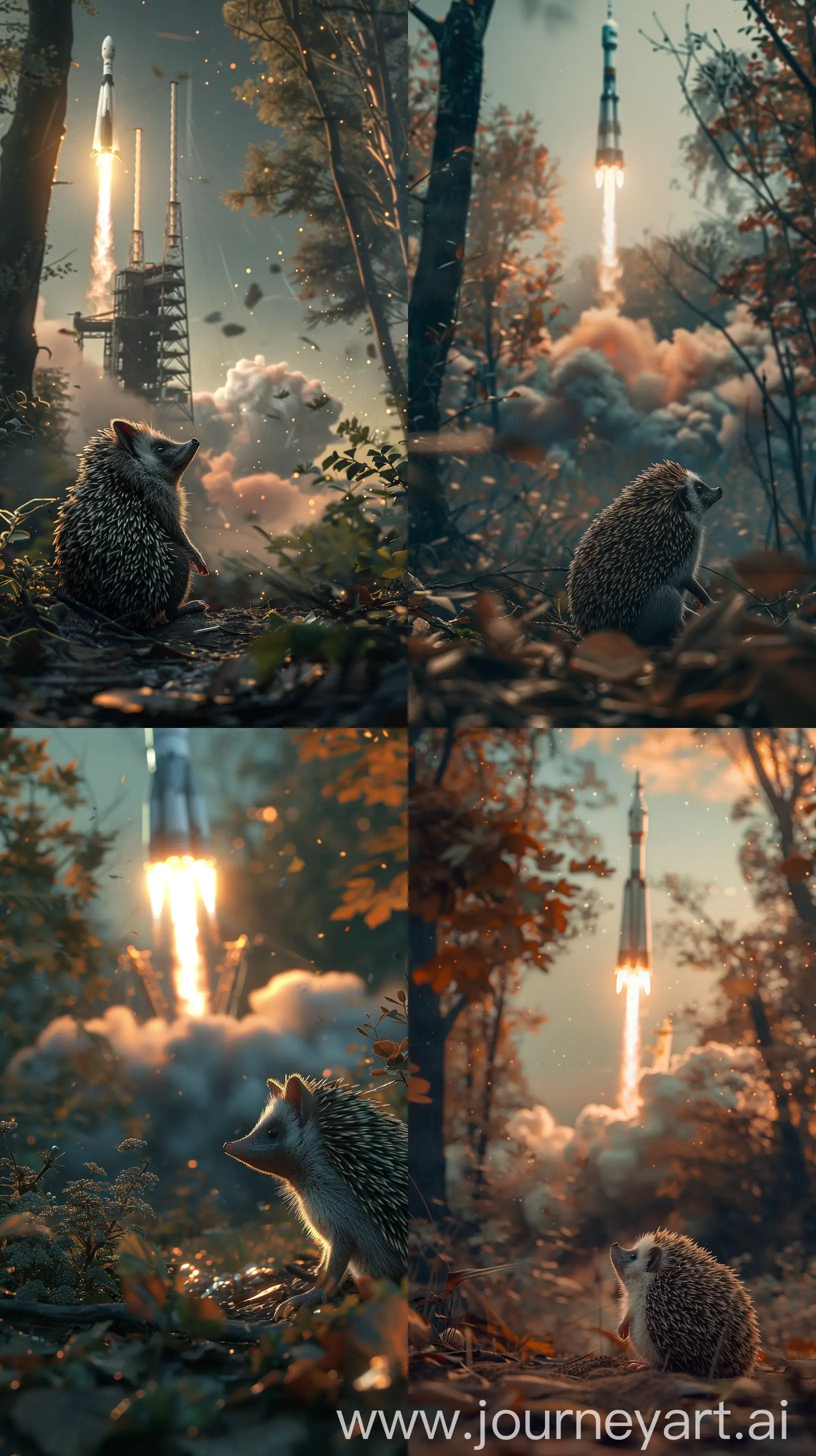  detailed photo, realistic, It’s getting dark,forest, a hedgehog sits in the foreground and looks into the distance, in the distance  rocket taking off from the space cosmodrome, low angle, seriously look, cinematic, very epic, --v 6.0 --ar 9:16 --stylize 200