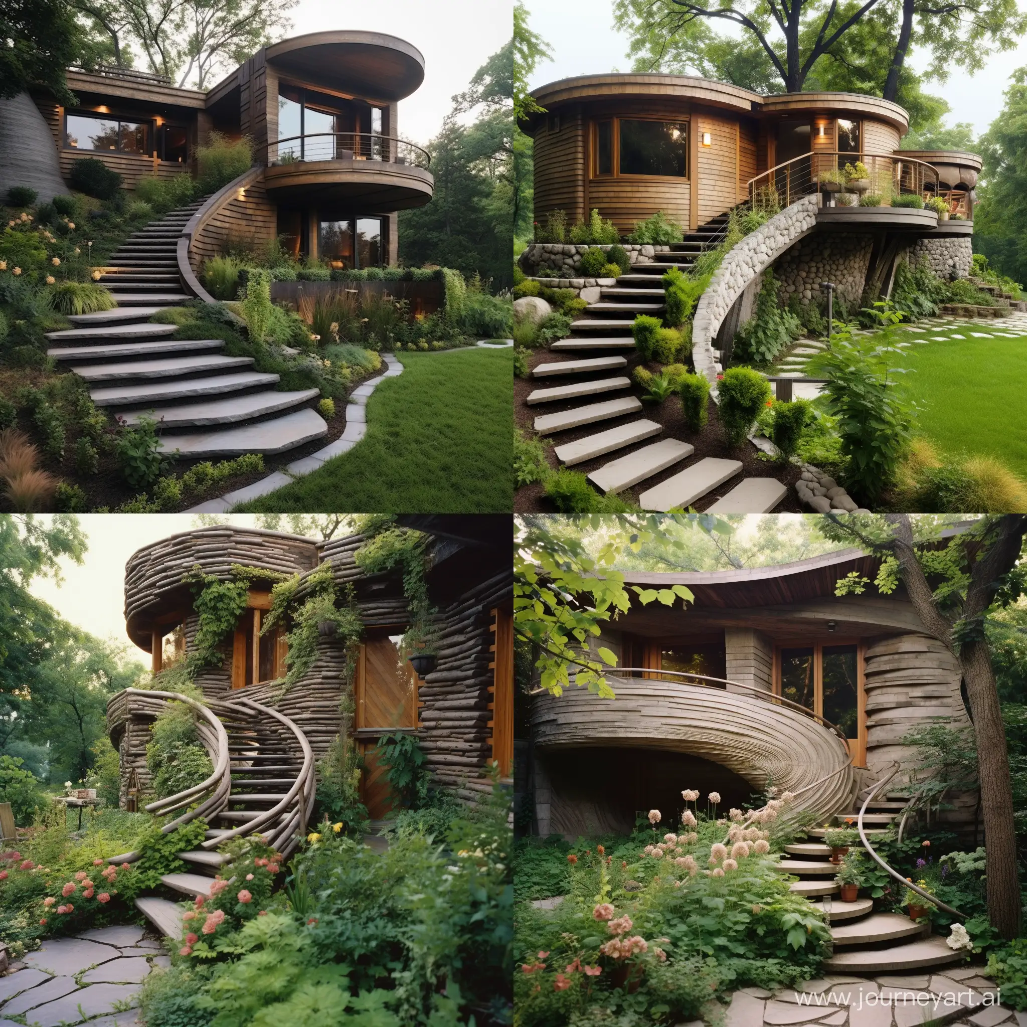 Spiral-Inclined-Garden-Stairs-Surrounding-Log-Cabin-with-Concrete-Outer-Walls