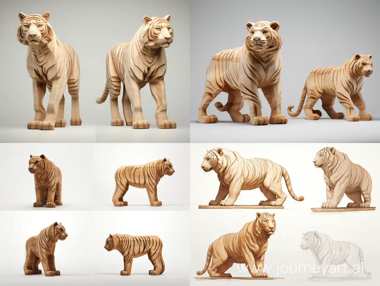 Professional sketch for wooden sculpture, a full-length tiger in profile on a large wooden cube, professional dynamic character, front back view and side view, wood carving, white background, 8k Render, ultra realistic