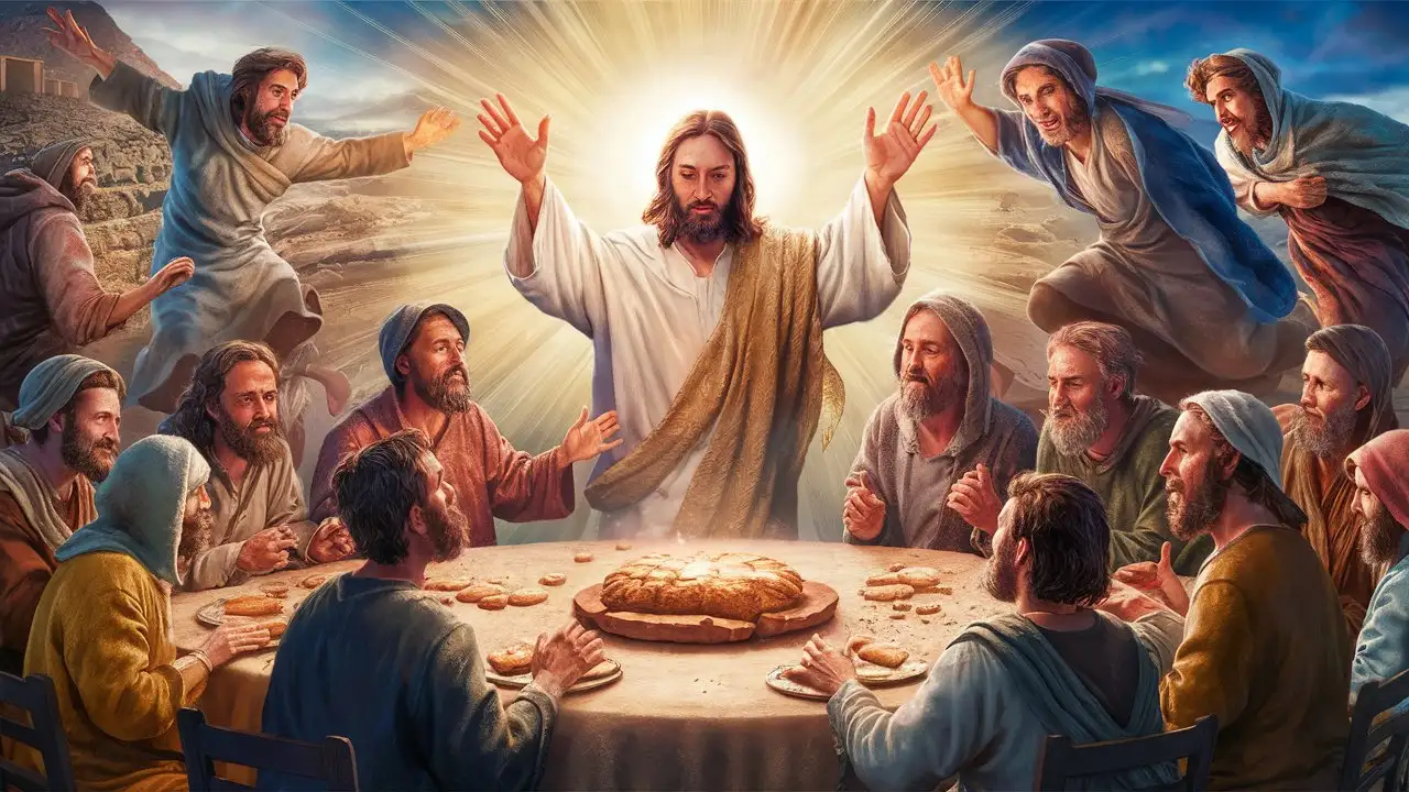 ultra 8k hd, Generate an image depicting the disciples seated at a table, their faces filled with anticipation and curiosity as they prepare to share a meal together. In the center of the table, a loaf of bread is placed, with Jesus' hands outstretched above it in blessing. As the disciples reach out to take a piece of bread, a radiant light emanates from Jesus' hands, illuminating the scene and filling the disciples with awe and wonder. Their expressions change from confusion to realization as they recognize Jesus in the breaking of bread, their eyes widening with joy and understanding. This transformative moment prompts them to leap from their seats, their hearts overflowing with excitement, as they rush back to Jerusalem to share the incredible news with the other disciples.